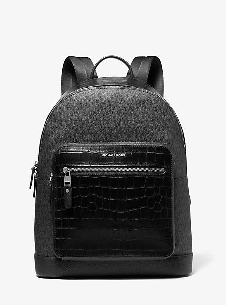 Michael Kors Mens MK Hudson Crocodile Embossed Leather and Logo Backpack - Black