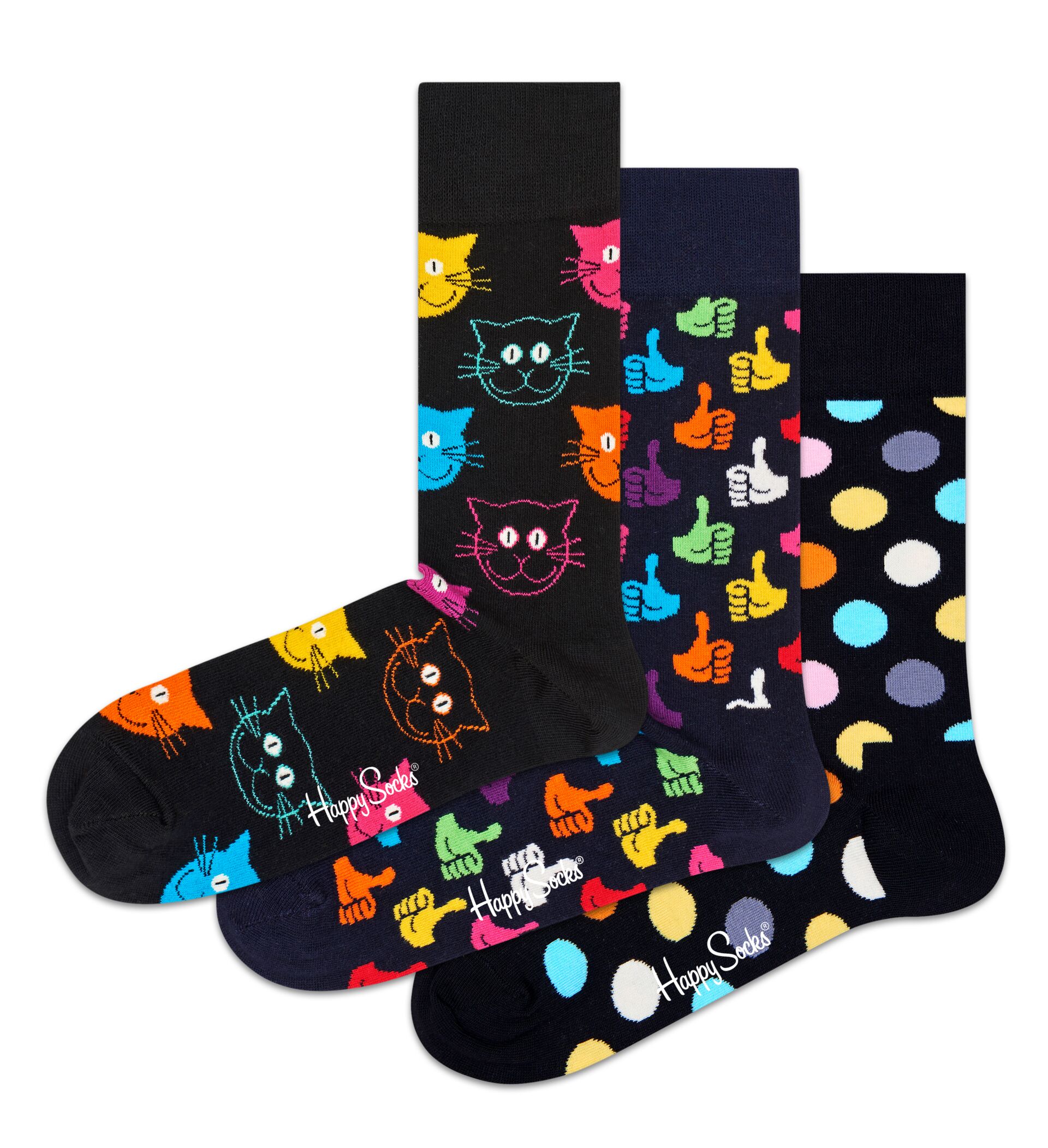 Happy Socks Cat Print Sock 3-Pack - Black,Blue,Green,Orange,Pink,Red,White,Yellow,Turquoise,Light Blue - Unisex