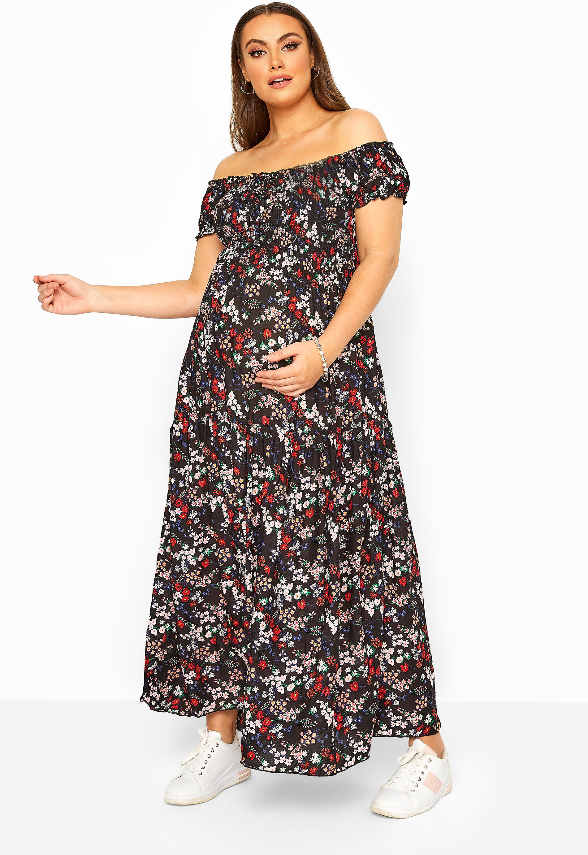 Yours Clothing Bump it up maternity black floral cap sleeve maxi dress