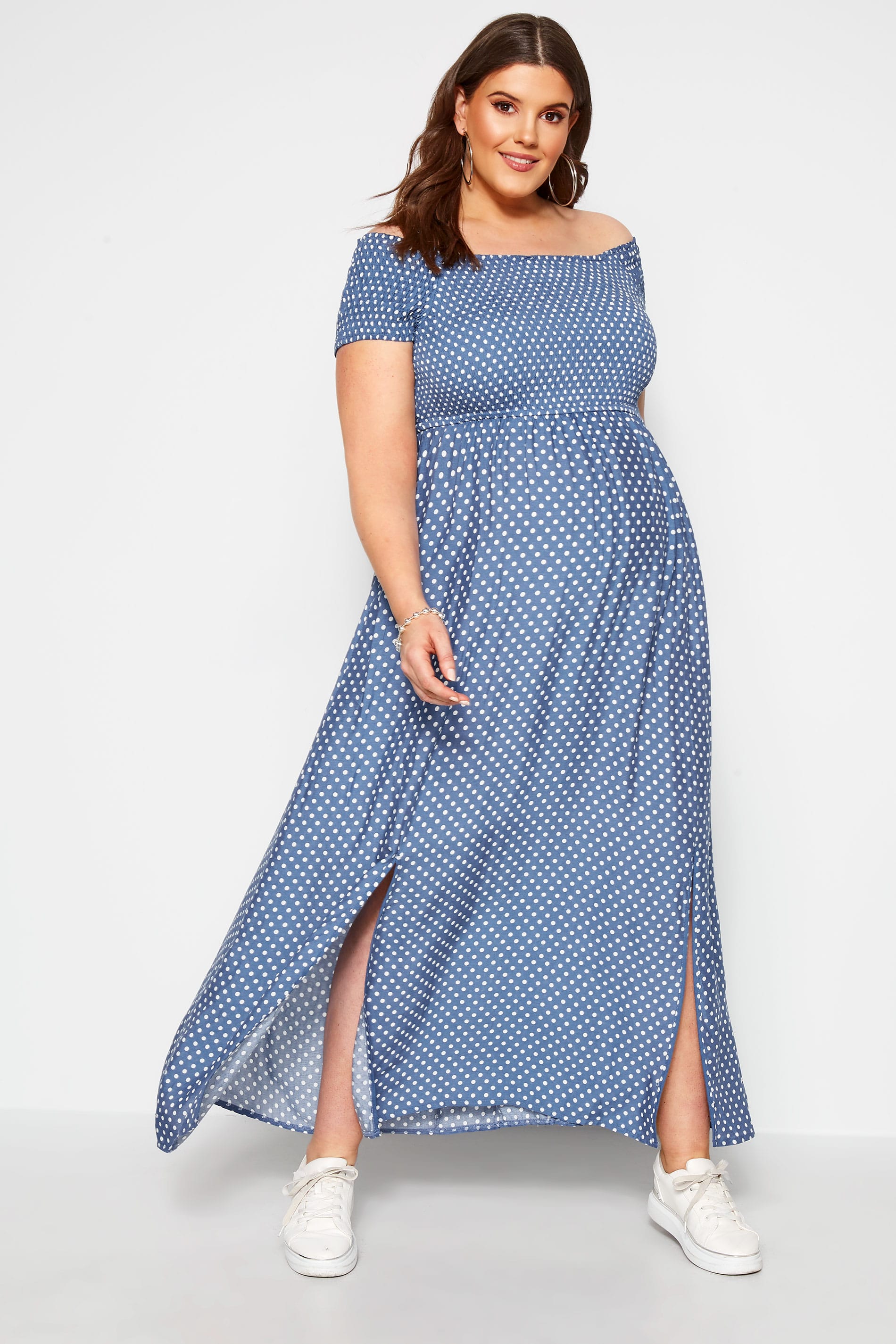 Yours Clothing Bump it up maternity blue polka dot shirred maxi dress