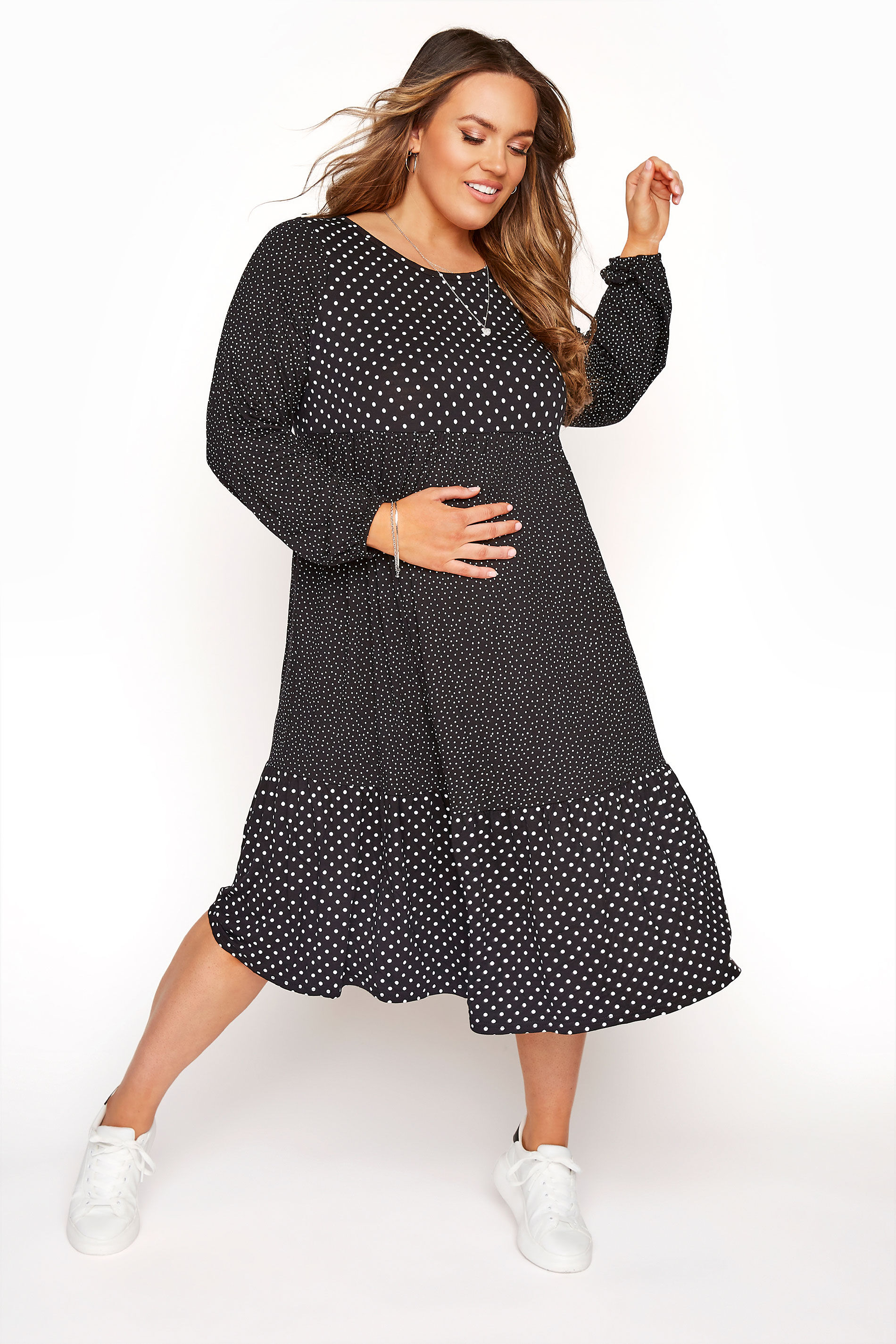 Yours Clothing Bump it up maternity black polka dot tiered midi dress