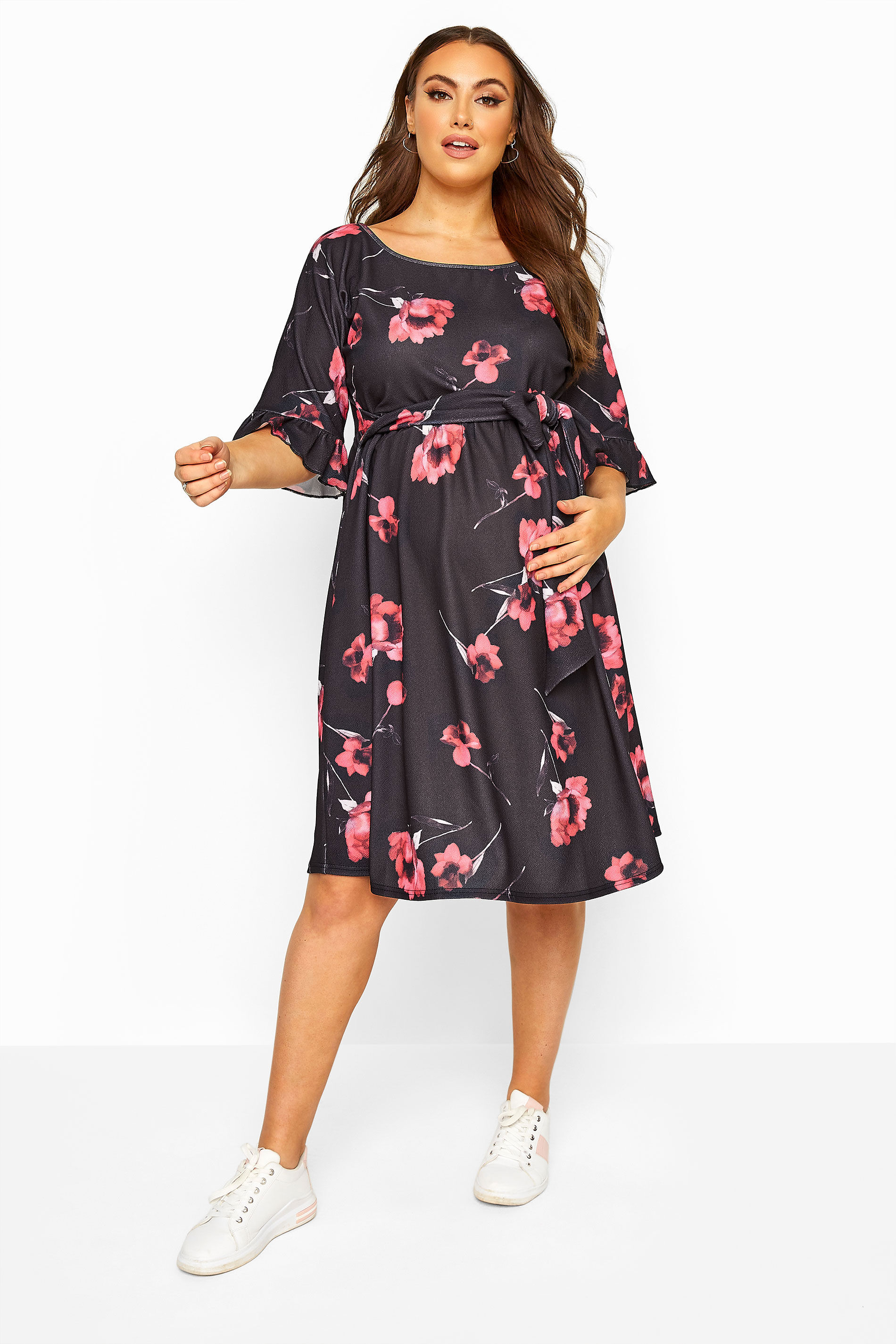 Yours Clothing Bump it up maternity black floral ruffle sleeve dress