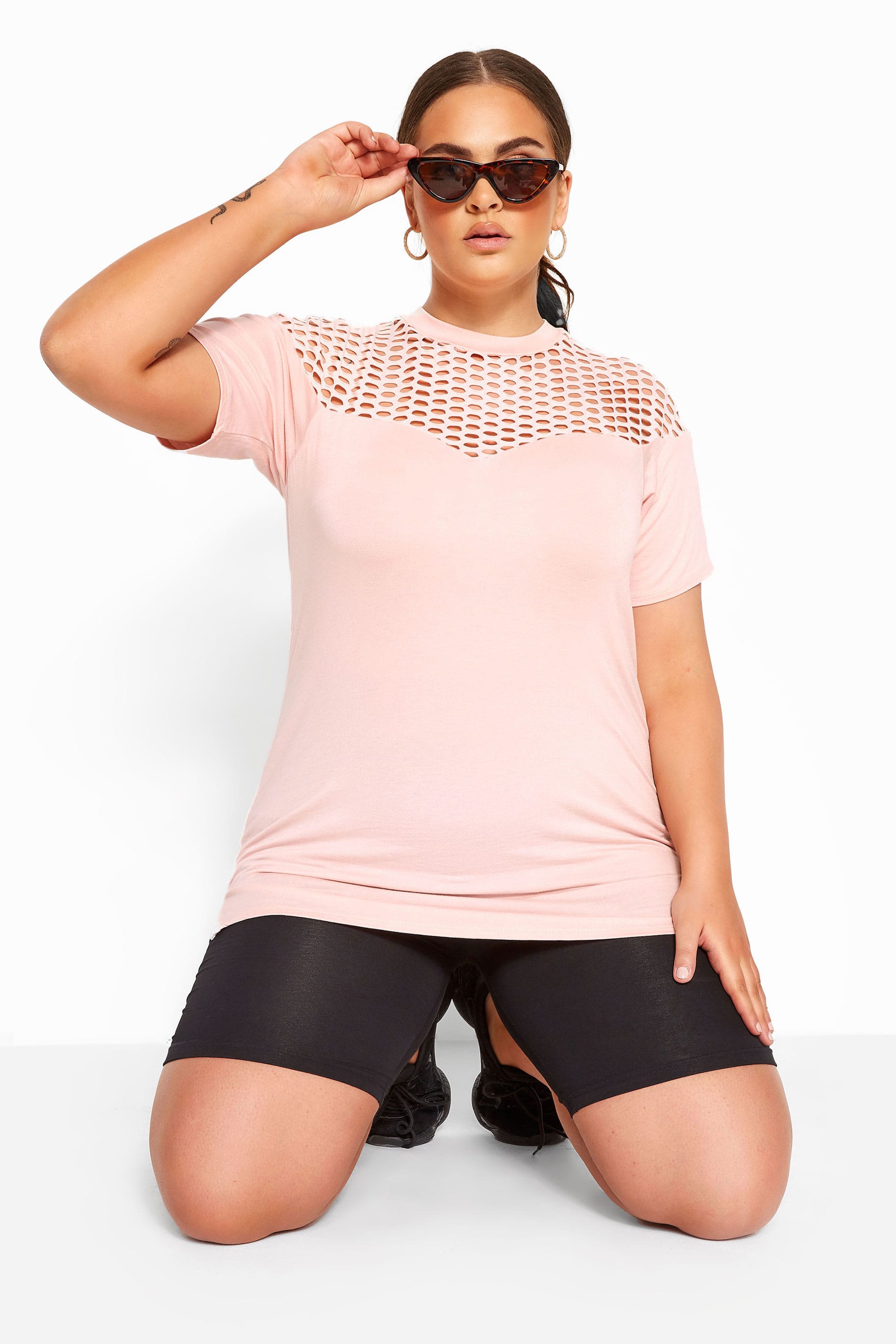 Yours Clothing Plus size limited collection pink fishnet insert top 30-32