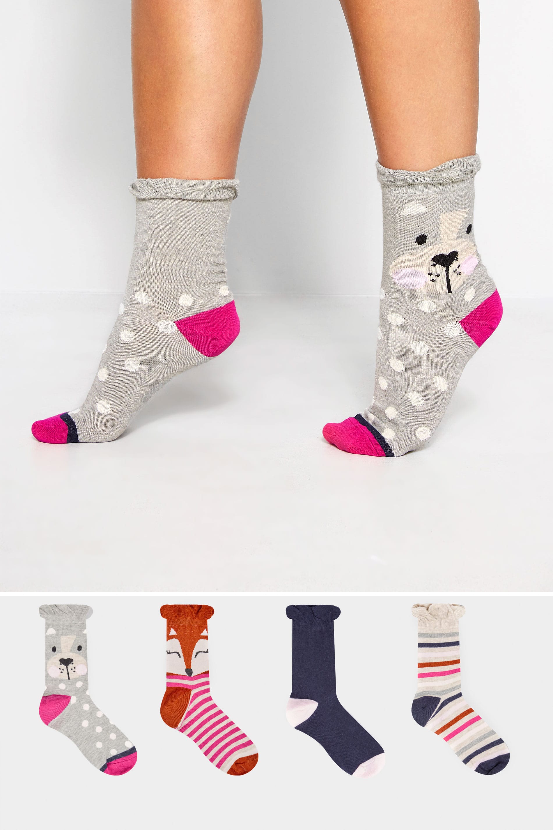 Yours Clothing 4 pack grey, navy & pink cute animal socks