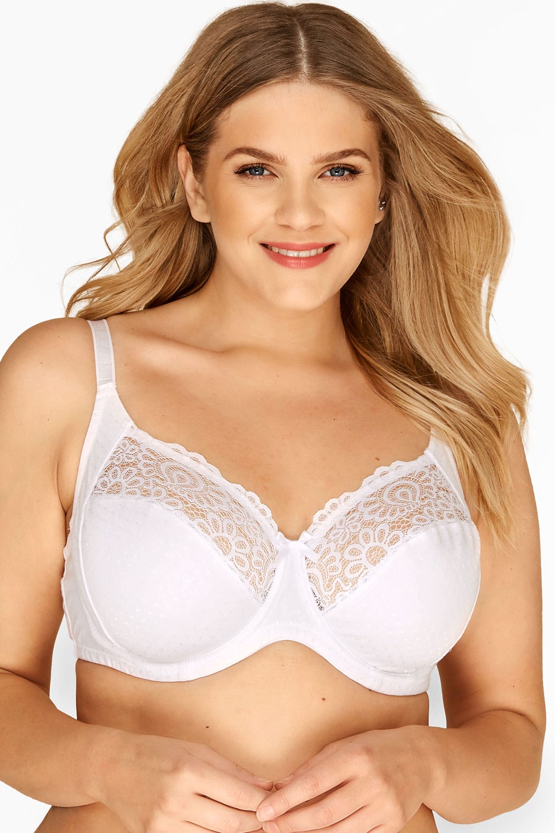 Yours Clothing White cotton rich spot & lace underwired bra