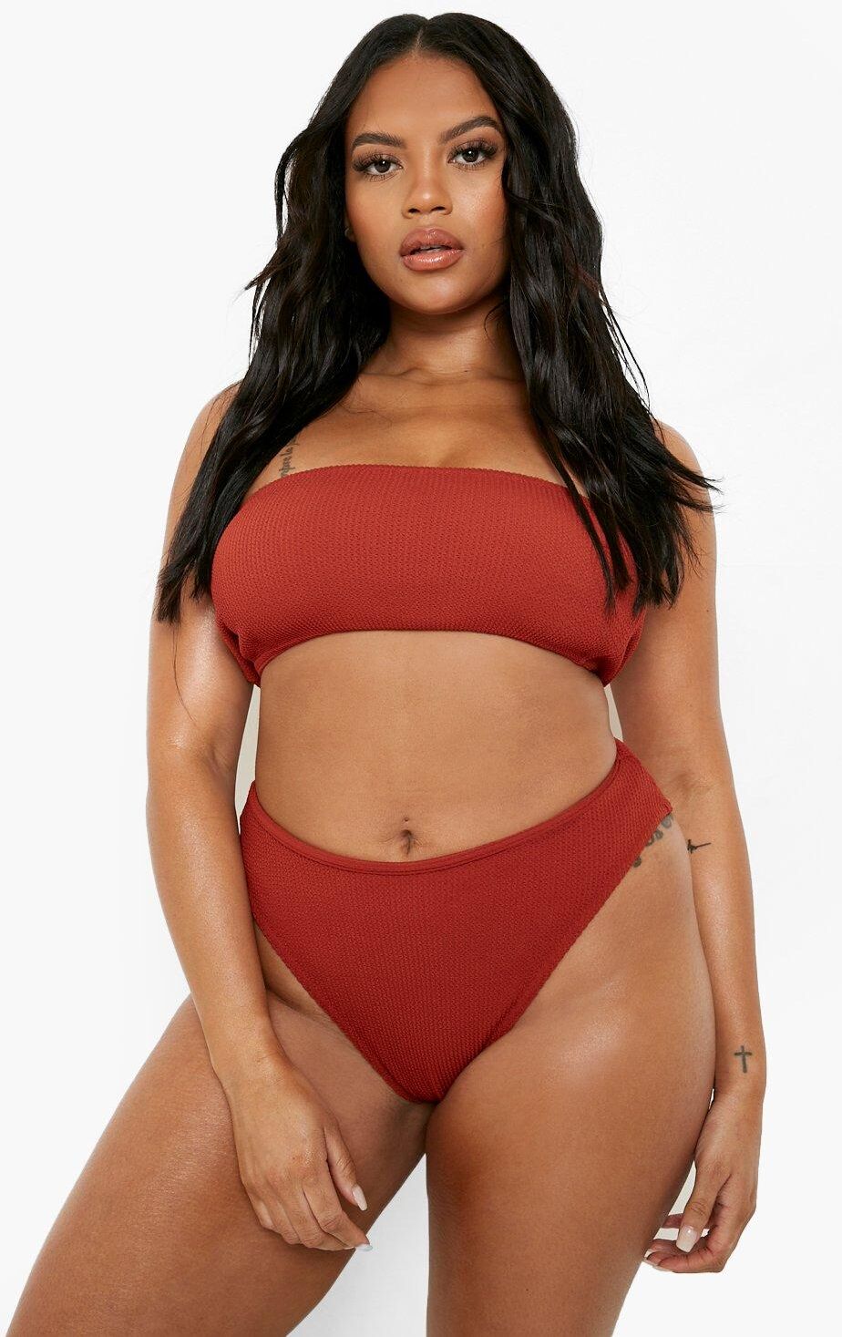 Boohoo Plus Crinkle Bandeau High Waist Bikini- Orange  - Size: 24