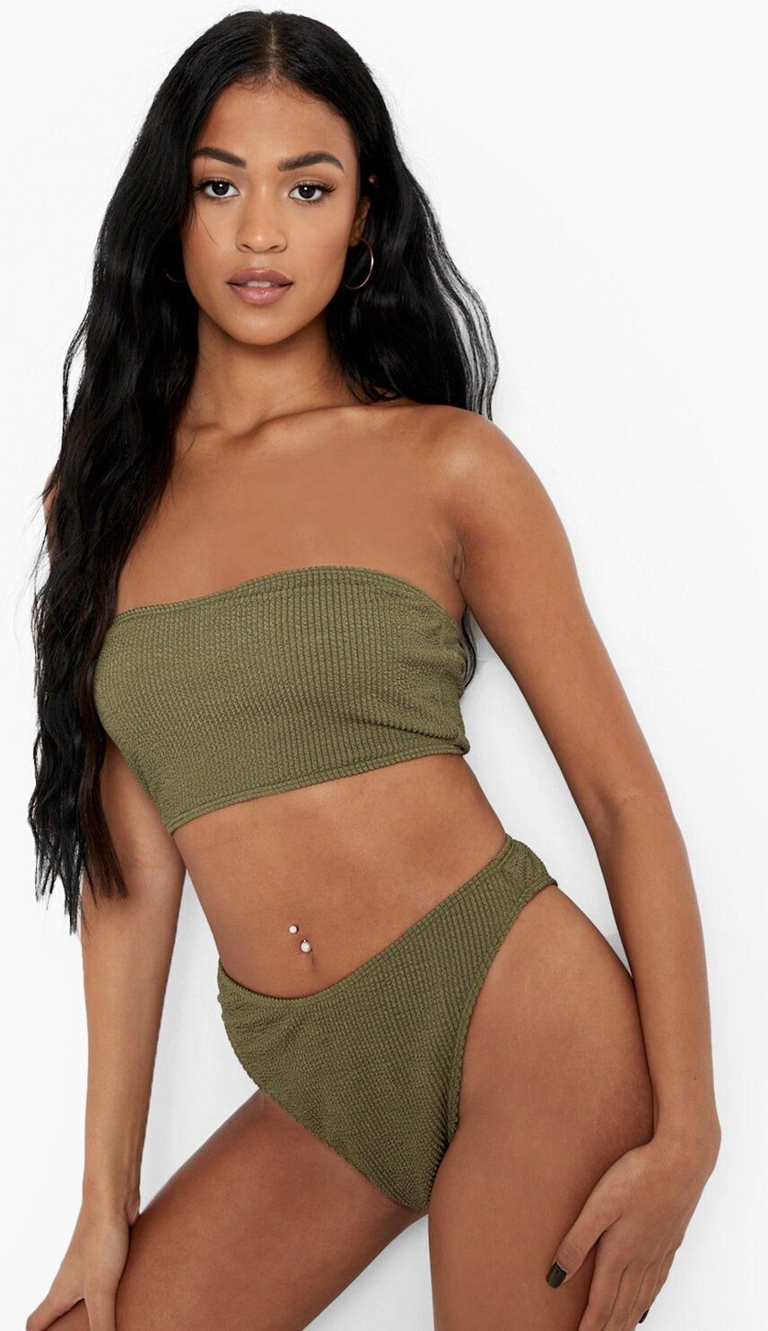 Boohoo Tall Crinkle Bandeau Bikini Top- Green  - Size: 12