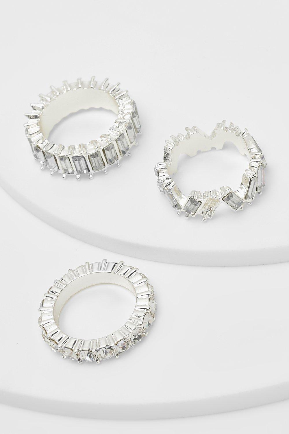 Boohoo Diamante Rings 3 Pack- Grey  - Size: ONE SIZE