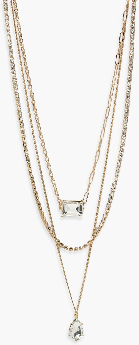 Boohoo Diamante Chain Layered Necklace- Gold  - Size: ONE SIZE