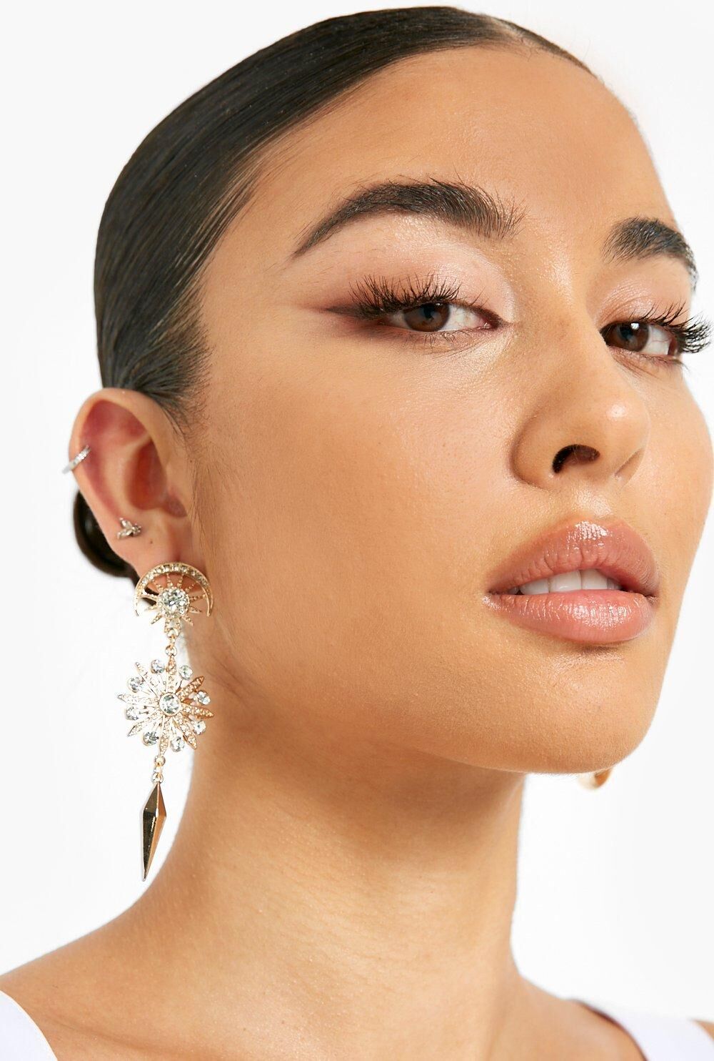 Boohoo Sun & Moon Diamante Statement Earrings- Gold  - Size: ONE SIZE