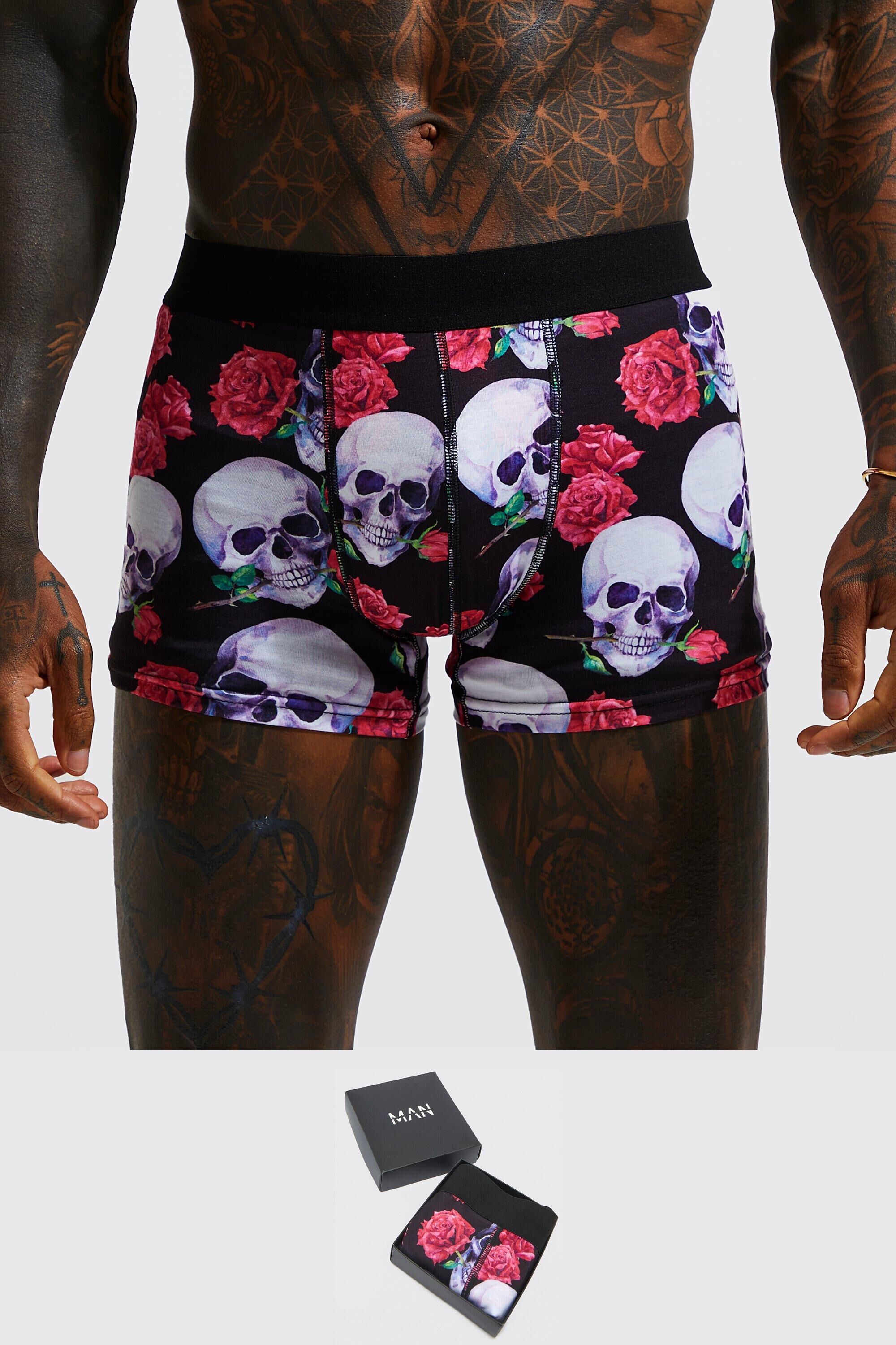 Boohoo Valentines Skull And Roses Gift Box Boxer- Black  - Size: XL