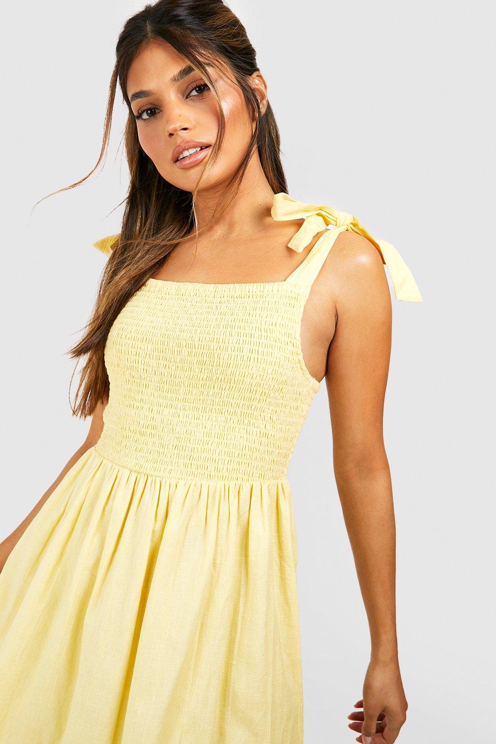 Boohoo Tie Strap Shirred Bust Cotton Midi Dress- Yellow  - Size: 14