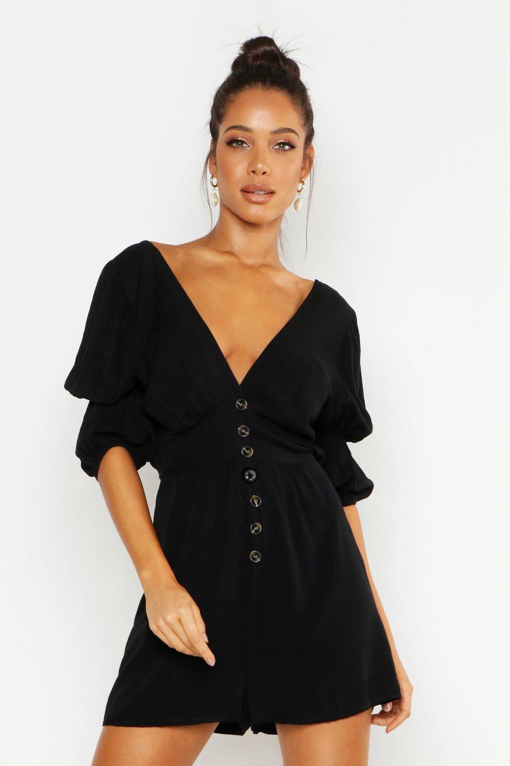 Boohoo Puff Sleeve Button Front Playsuit- Black  - Size: 10