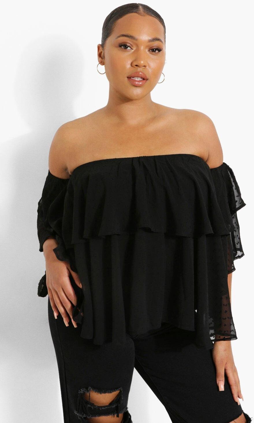 Boohoo Plus Off The Shoulder Dobby Mesh Top- Black  - Size: 16