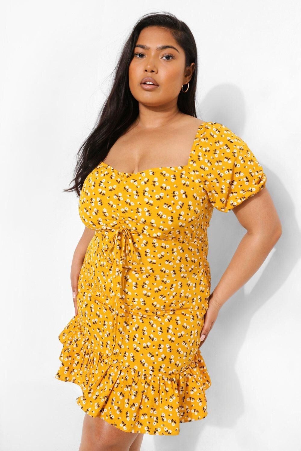 Boohoo Plus Ditsy Floral Frill Hem Mini Dress- Yellow  - Size: 18