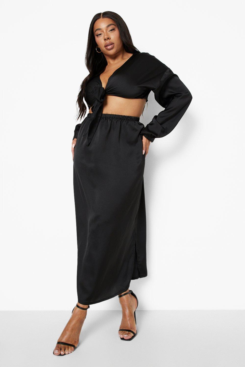 Boohoo Plus Satin Tie Front Skirt Co-Ord- Black  - Size: 18