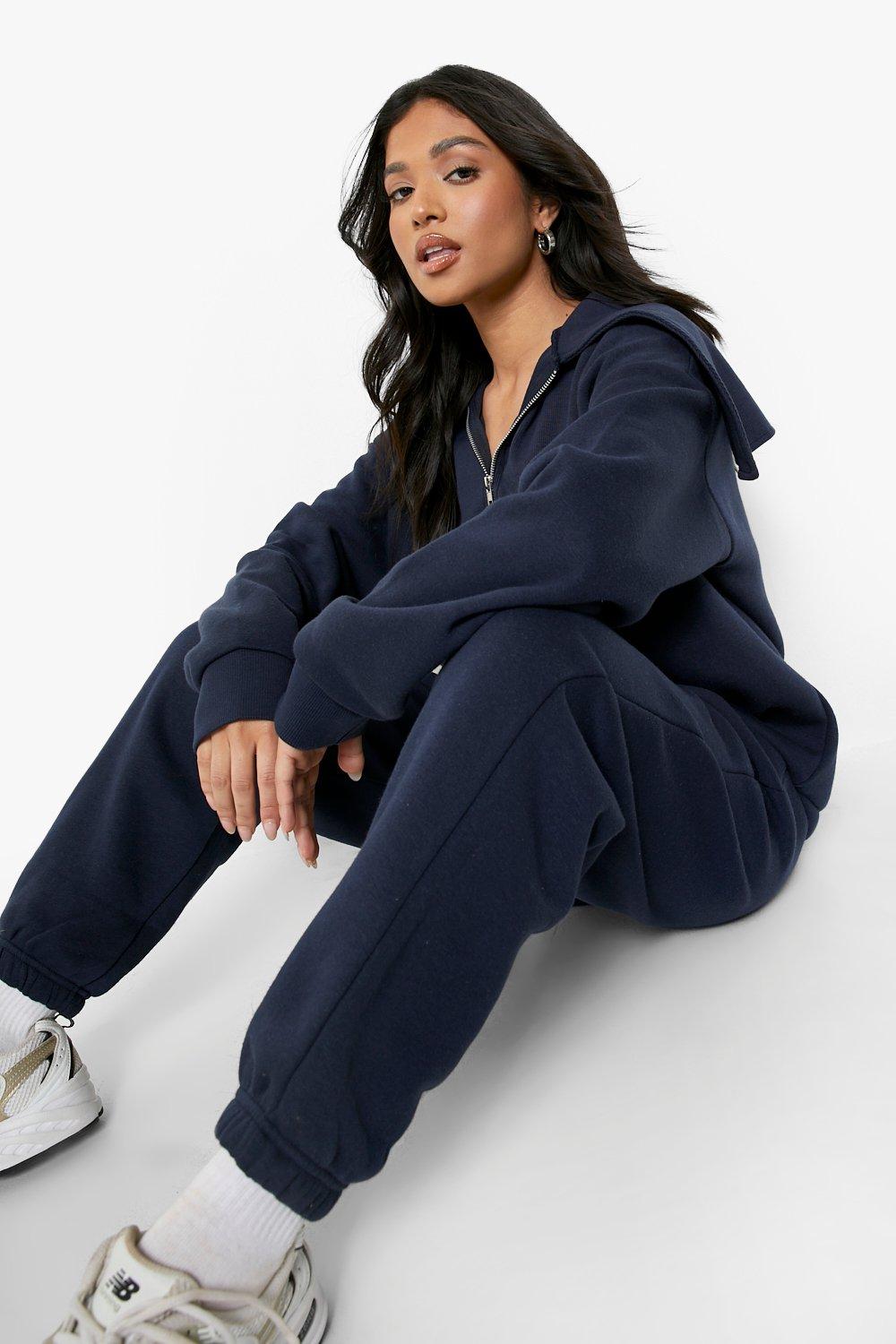 Boohoo Petite 1/2 Zip Extended Funnel Neck Tracksuit- Navy  - Size: M