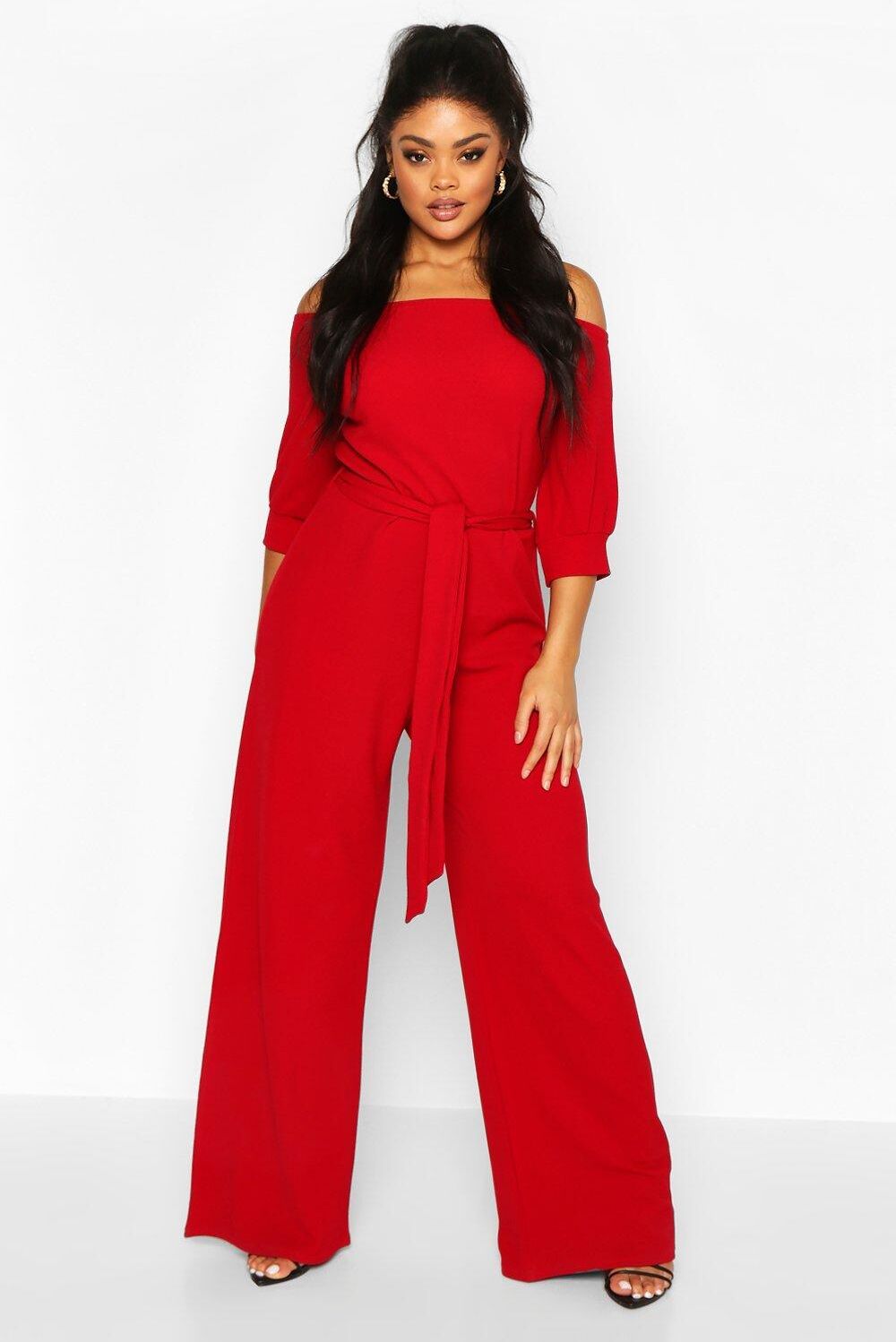 Boohoo Plus Off Shoulder Tailored Self Belt Jumpsuit  - Size: 16