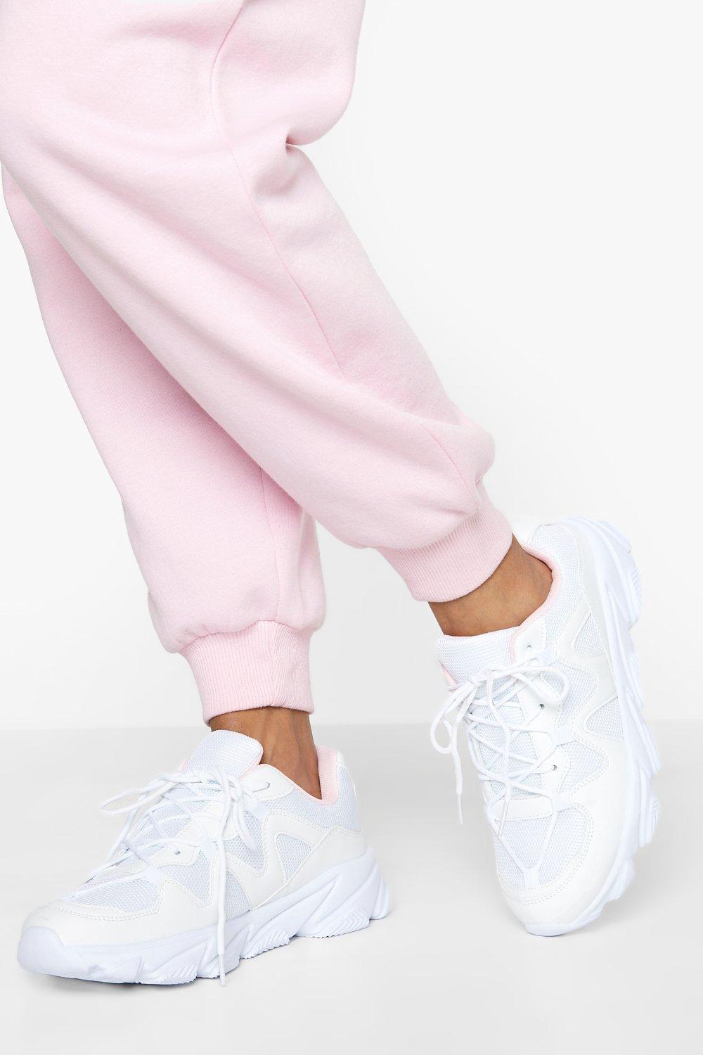 Boohoo Wide Fit Mesh Panel Chunky Trainer- White  - Size: 10