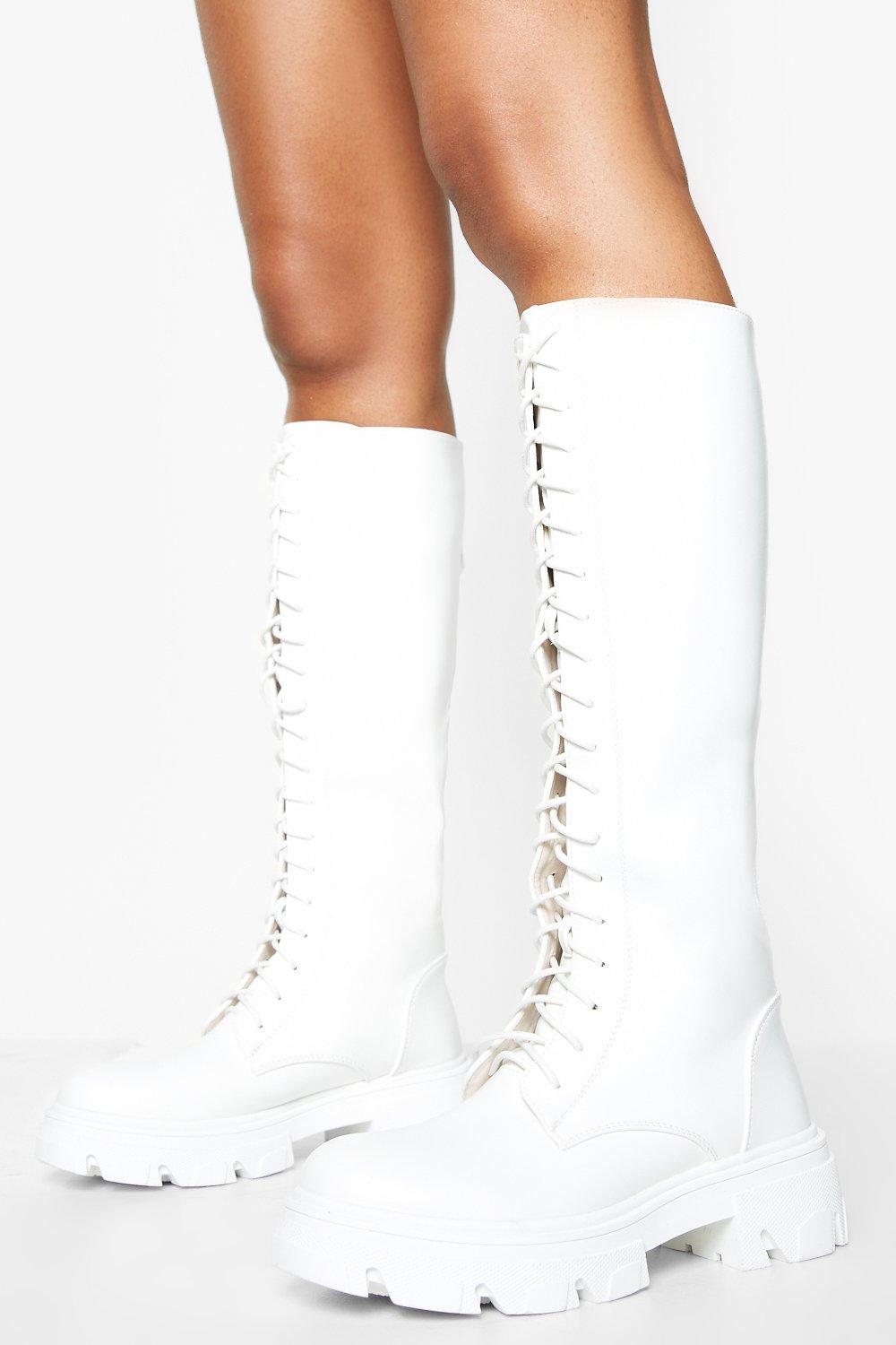 Boohoo Lace Up Chunky Knee High Boot- White  - Size: 6