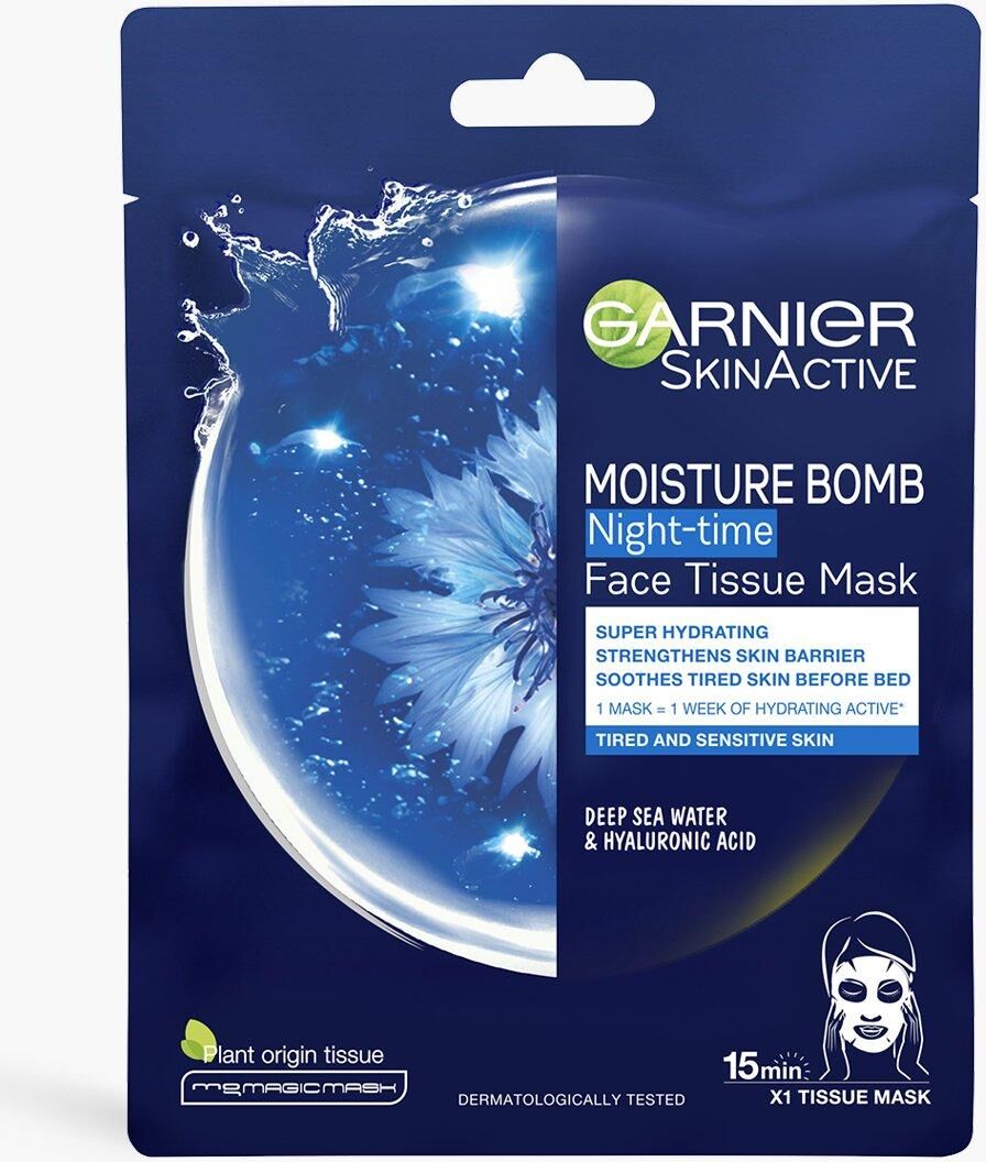 Garnier Moisture Bomb Night-Time Deep Sea Water And Hyaluronic Acid Sheet Mask, 28G- Blue  - Size: ONE SIZE