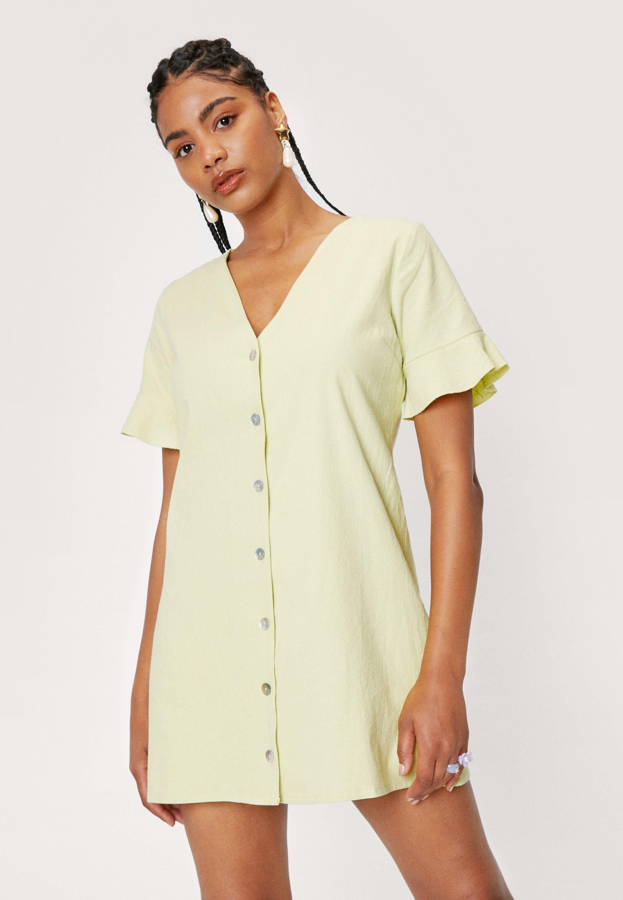 Nasty Gal Womens Linen Button Down Short Sleeve Mini Dress - Green - 14, Green