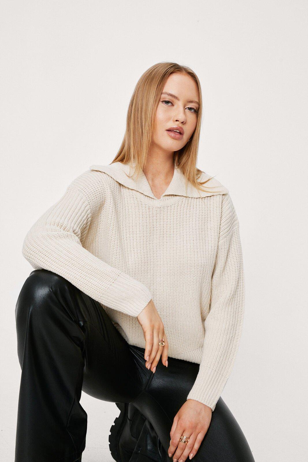 Nasty Gal Womens Ribbed Knitted Oversized Collar Jumper - Beige - L, Beige