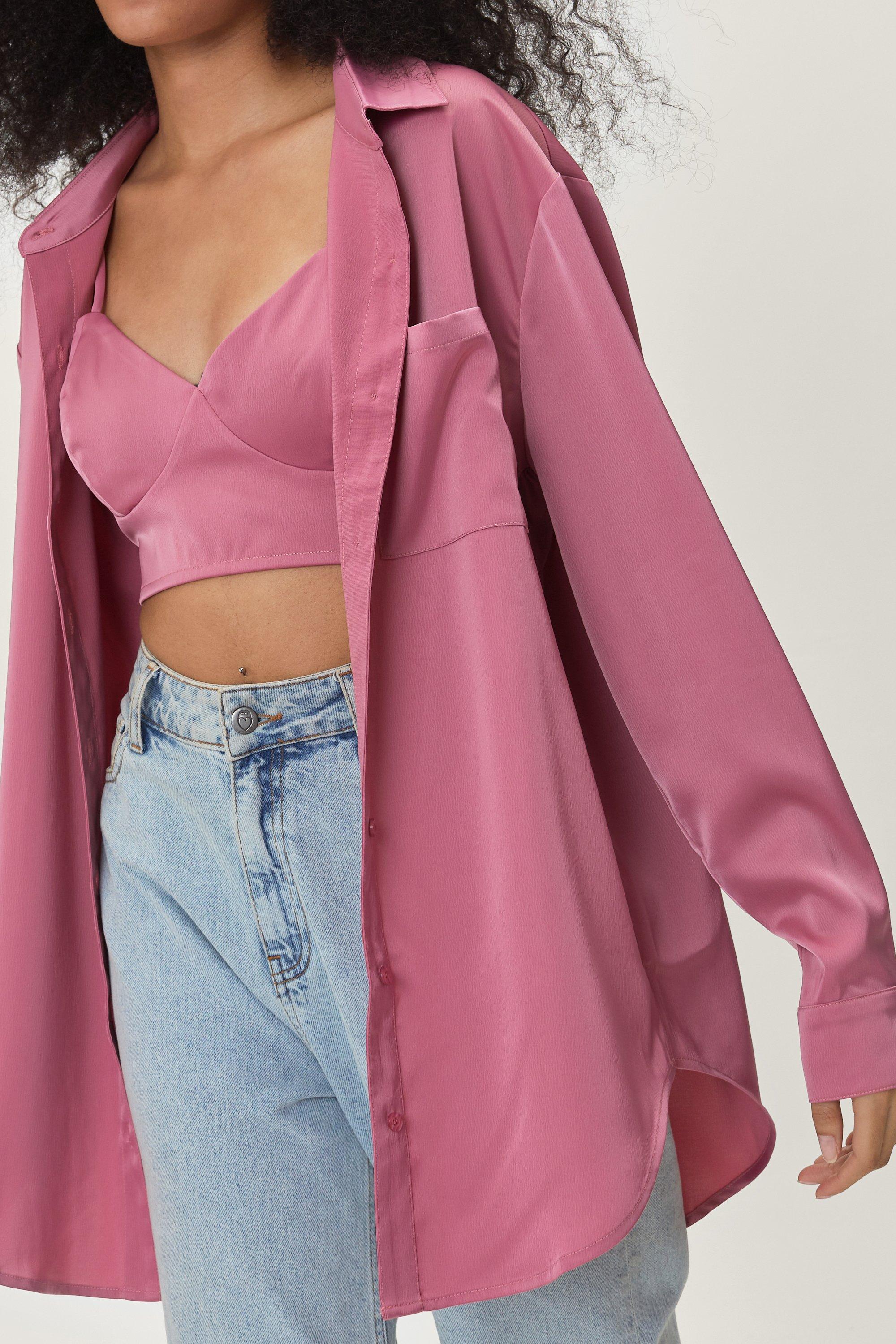 Nasty Gal Womens Oversized Satin Shirt and Bralette Set - Pink - 14, Pink