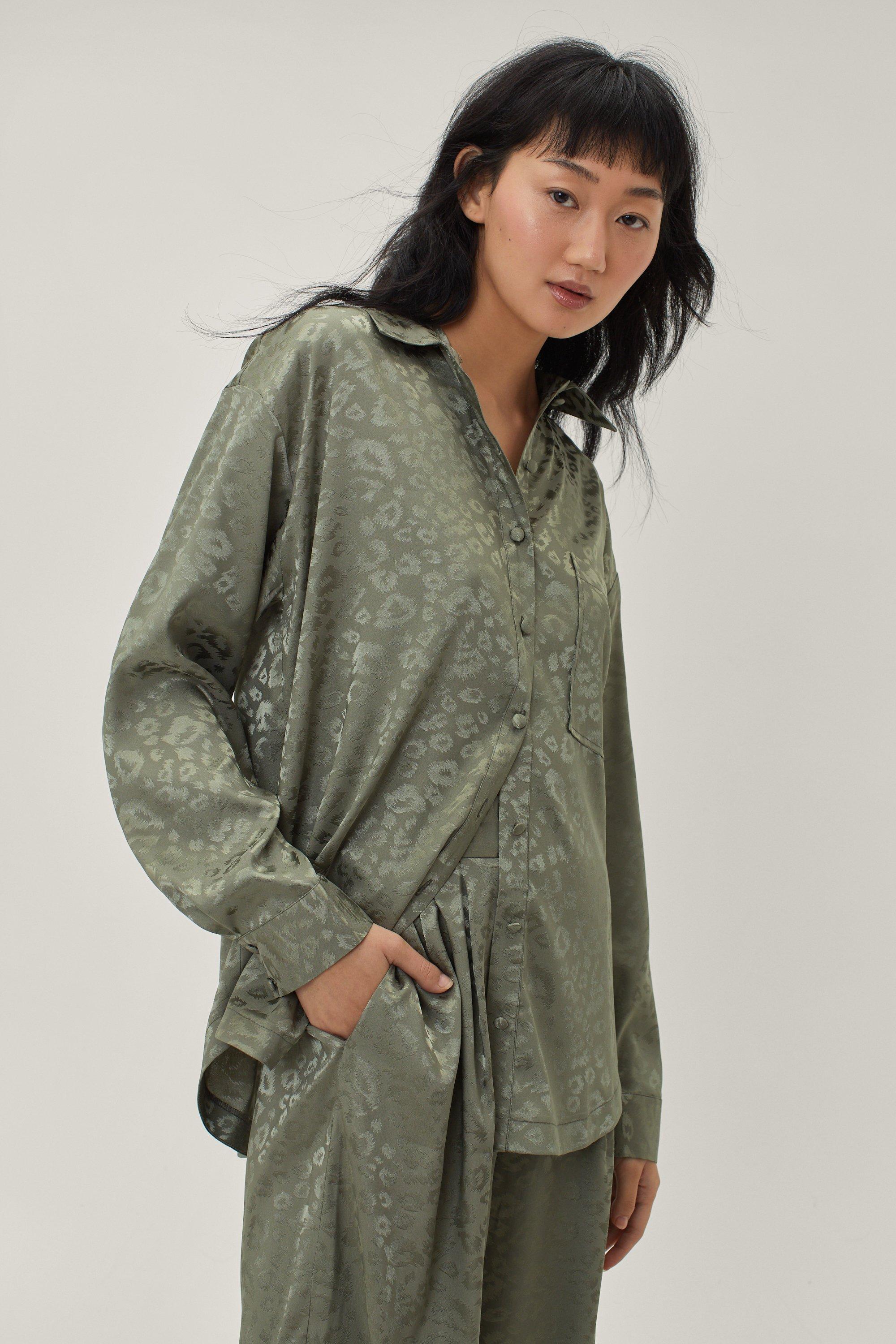 Nasty Gal Womens Animal Jacquard Satin Tie Back Shirt - Green - 14, Green