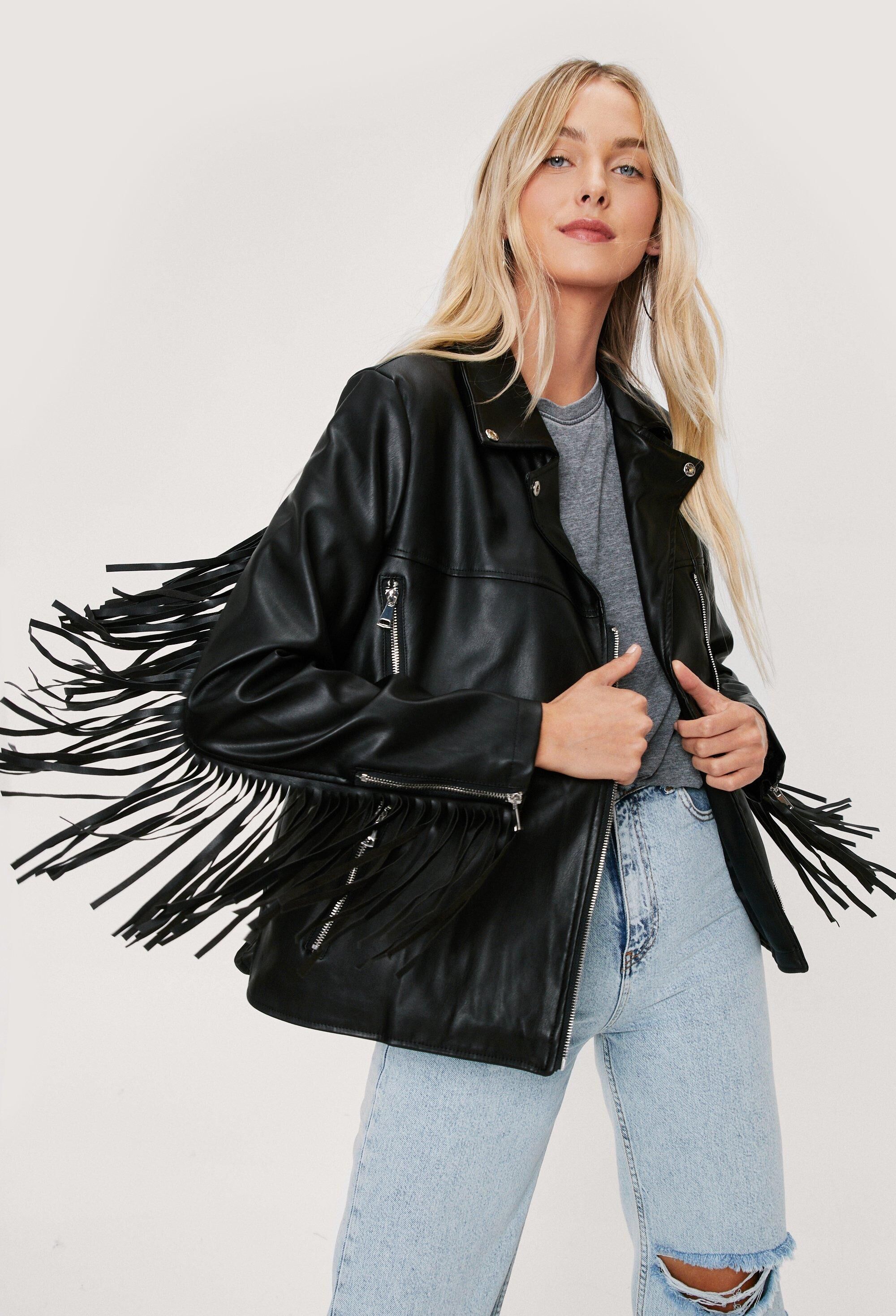 Nasty Gal Womens Faux Leather Fringe Detail Biker Jacket - Black - 6, Black