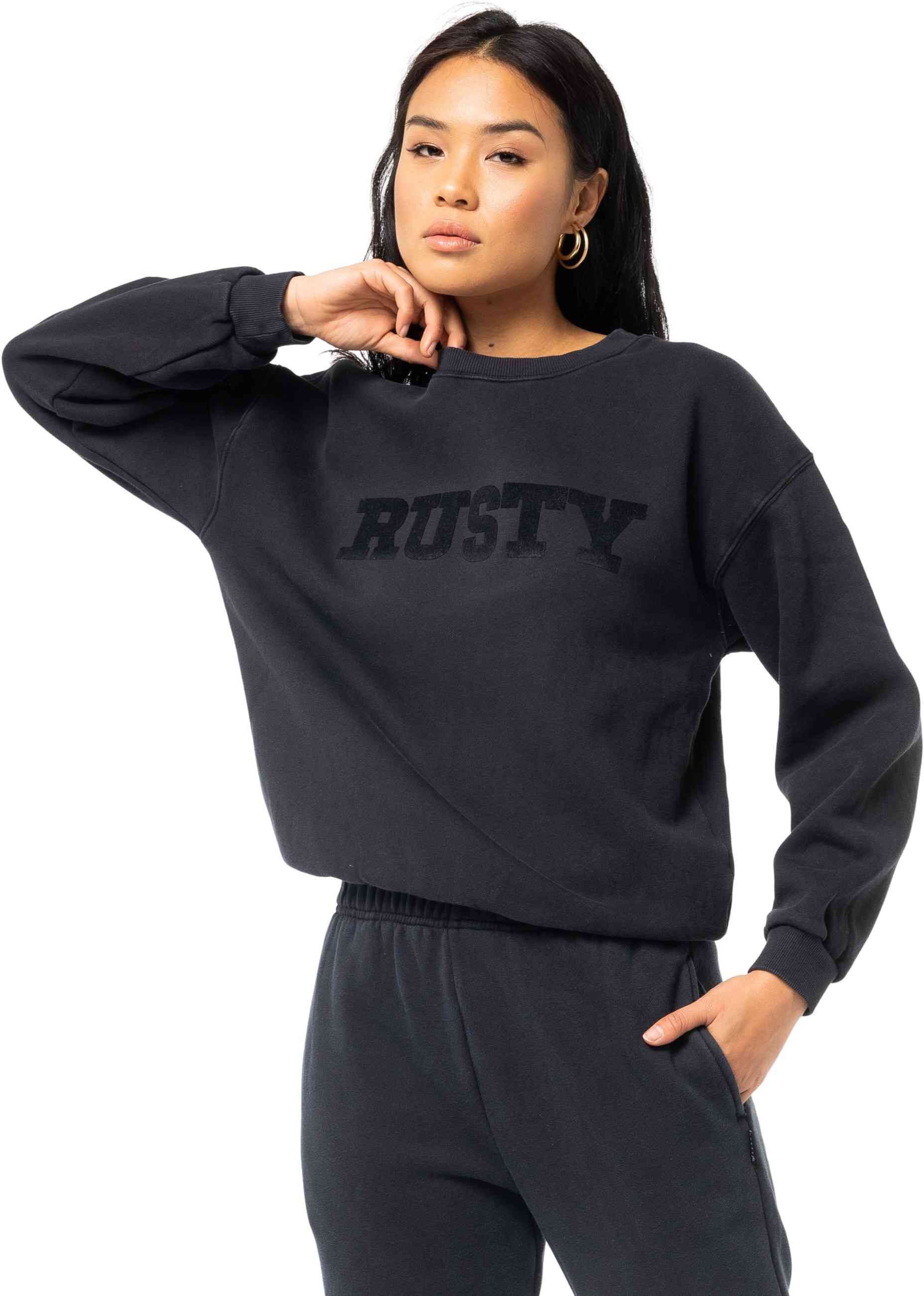 Rusty Owen Crew Neck Boyfriend Fleece - Black Rusty Australia, 12 / Black