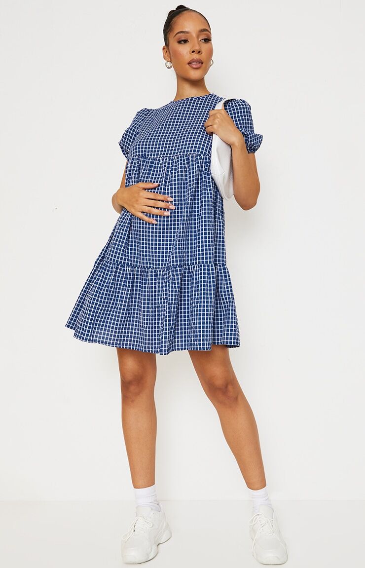 PrettyLittleThing Maternity Navy Textured Check Puff Sleeve Mini Dress  - Navy - Size: 8