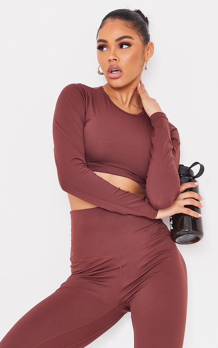 PrettyLittleThing Chocolate Sculpt Luxe Long Sleeve Sports Top  - Chocolate - Size: 14