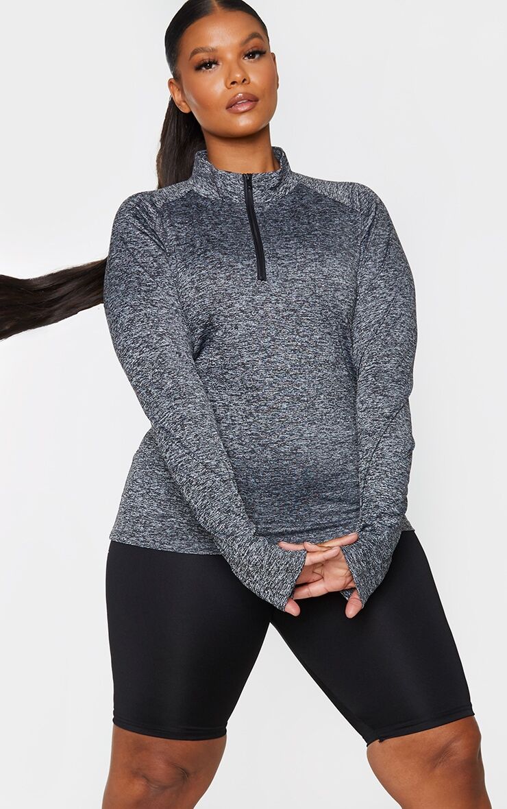 PrettyLittleThing Plus Black Speckle Long Sleeve Zip Up Sports Top  - Black - Size: 28