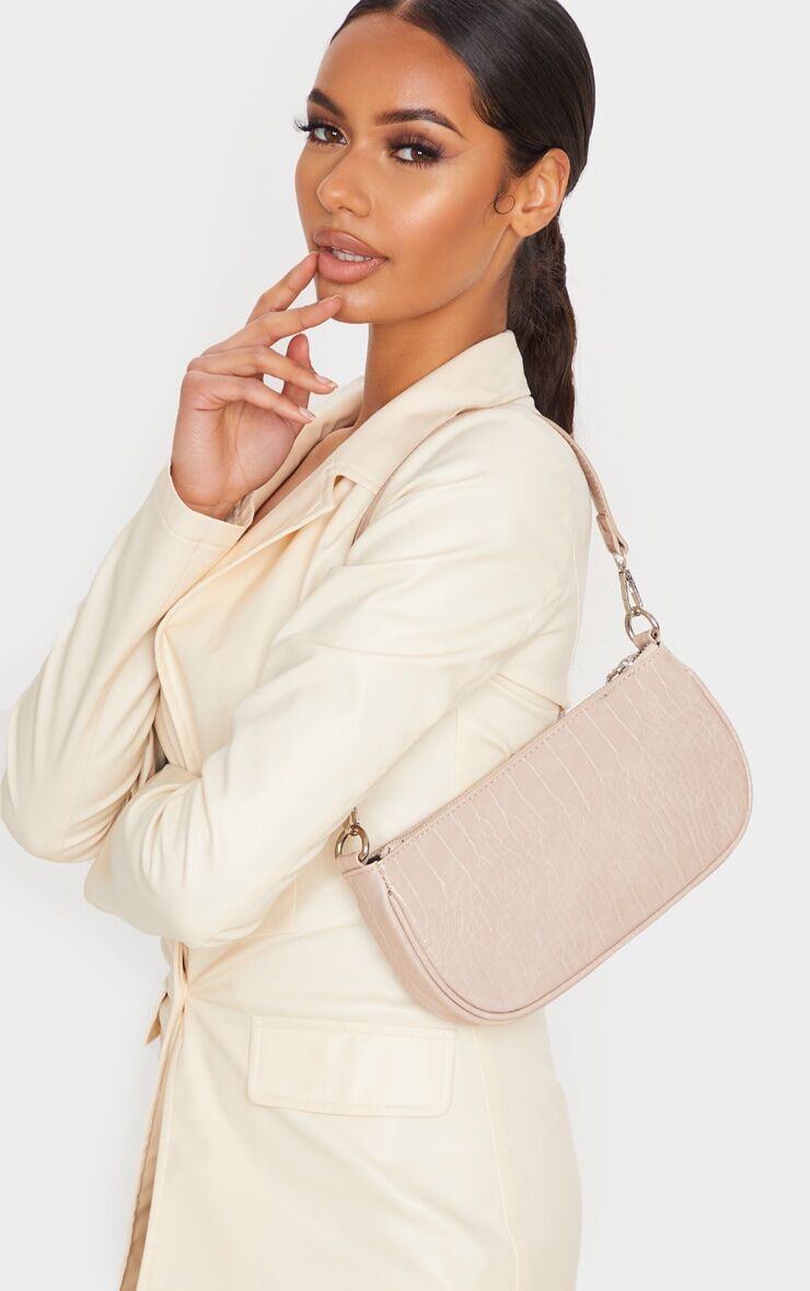 PrettyLittleThing Nude Croc 90s Shoulder Bag  - Nude - Size: One Size