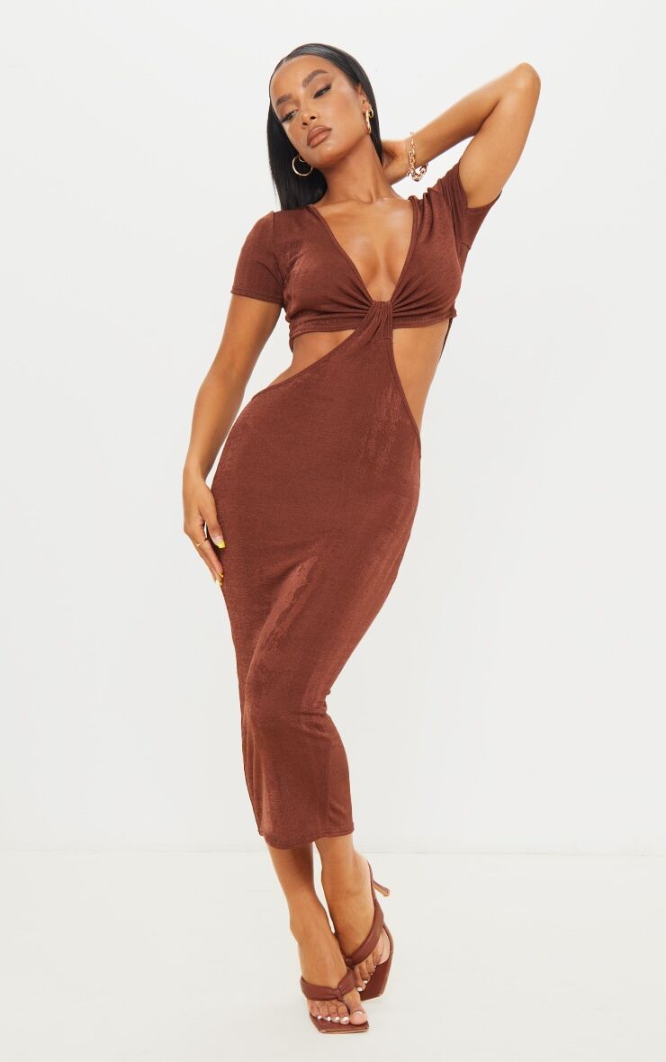 PrettyLittleThing Chocolate Textured Slinky Short Sleeve Knot Cut Out Detail Midaxi Dress  - Chocolate - Size: 4