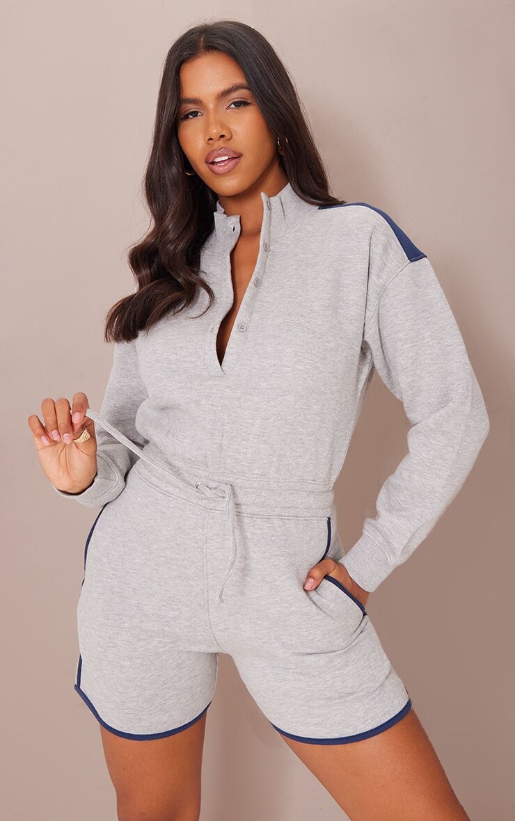 PrettyLittleThing Grey Contrast Button Detail Sweat Playsuit  - Grey - Size: 8