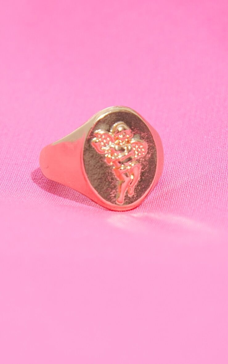 PrettyLittleThing Gold Cherub Signent Ring  - Gold - Size: Small