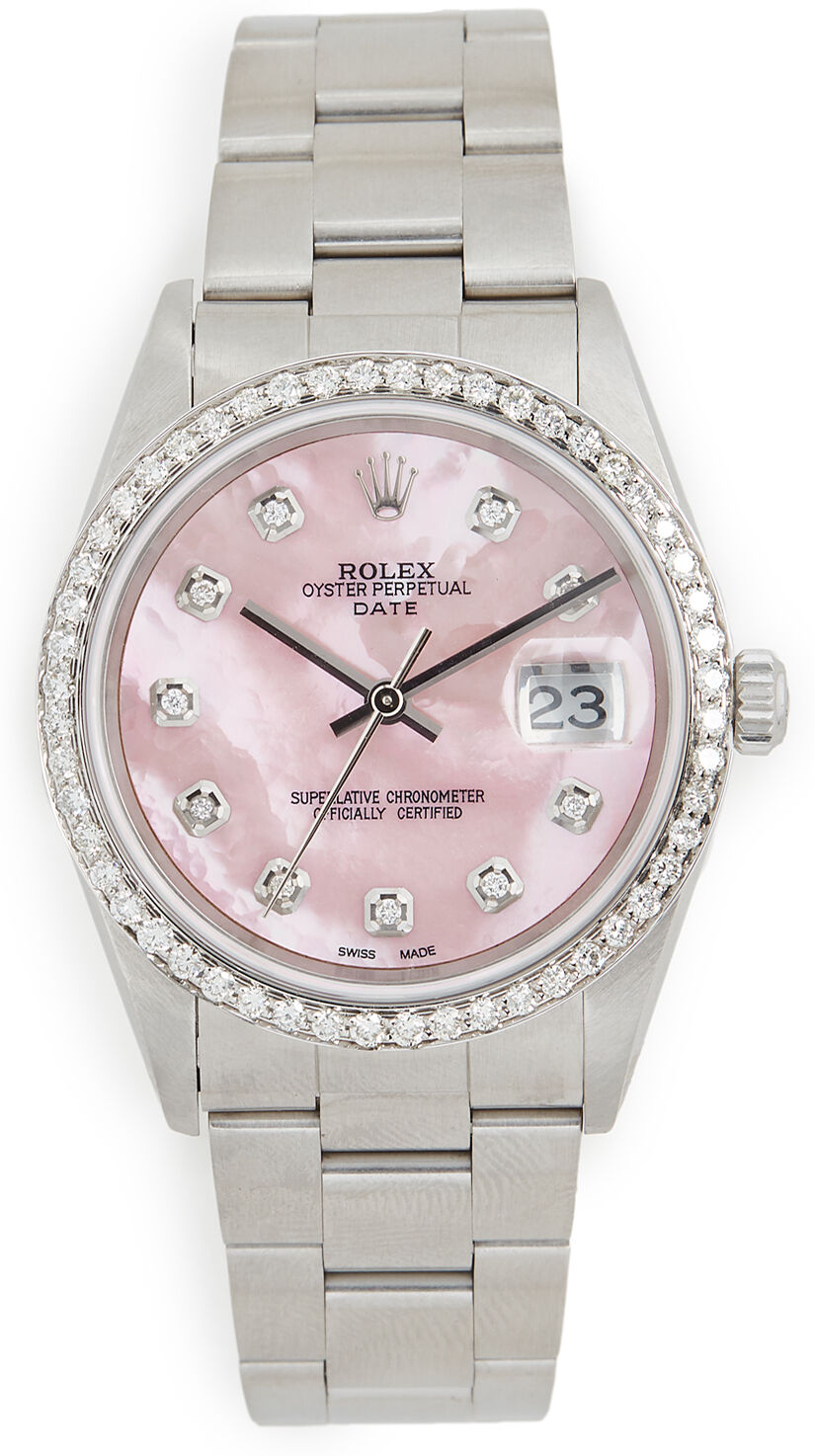 Pre-Owned Rolex 34mm Rolex Date Model Pink Mop Diamond Dial, Diamond Bezel, Oyster Band Silver/Pink One Size  Silver/Pink  size:One Size