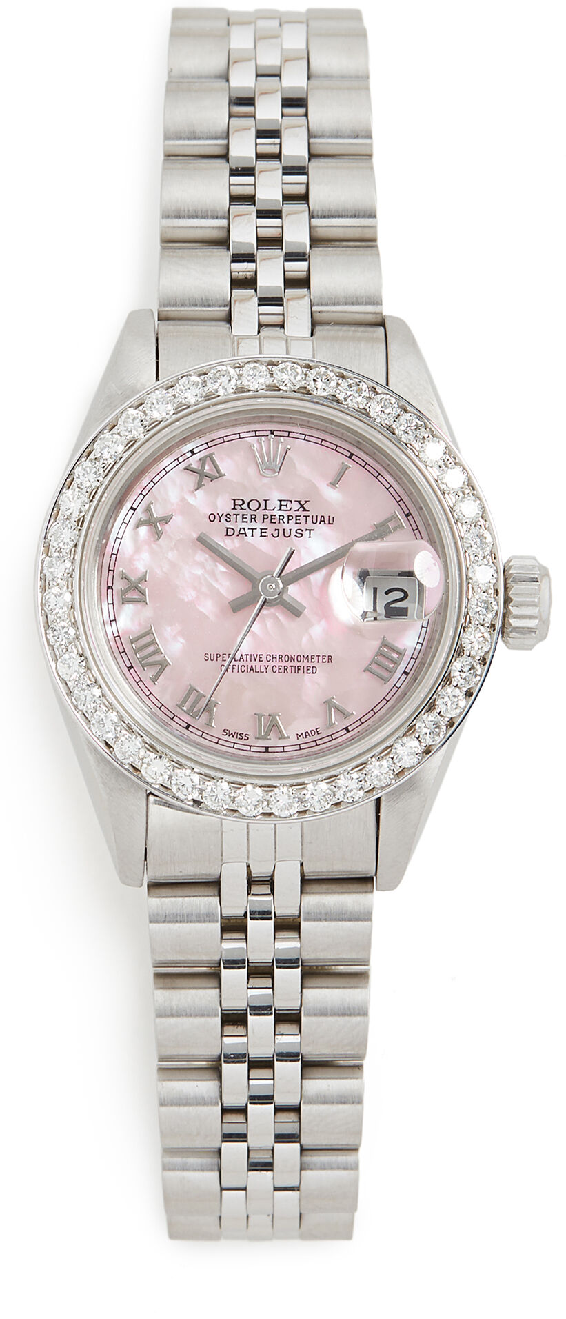 Pre-Owned Rolex Ladies Rolex Datejust Pink Mop Roman, Diamond Bezel, Jubilee Band Silver/Pink One Size  Silver/Pink  size:One Size