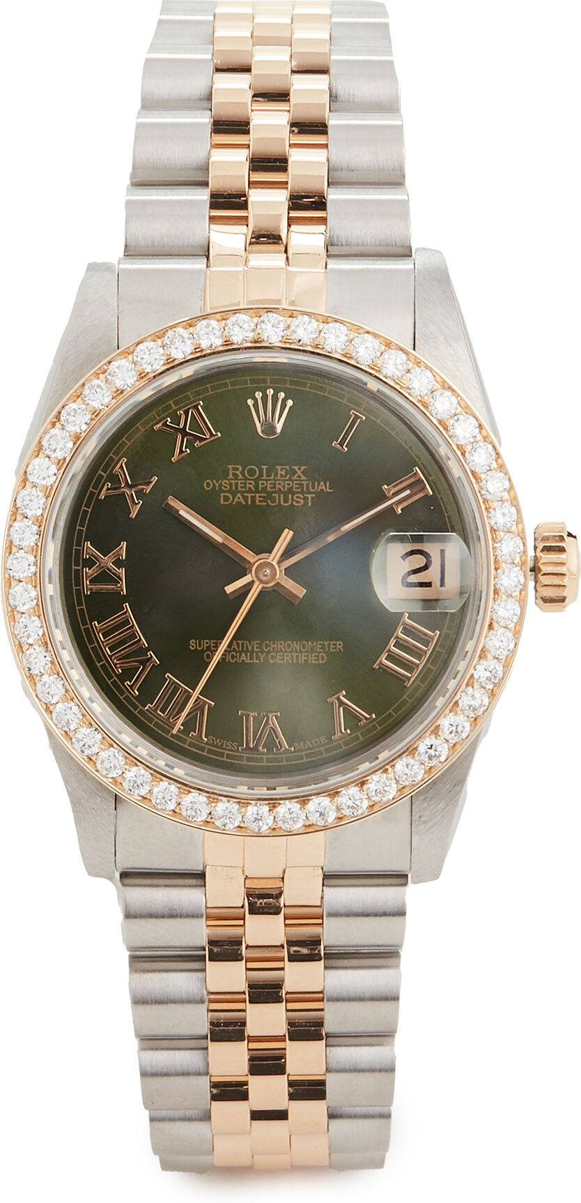 Pre-Owned Rolex Mid Size 31mm TT Rolex Date Just Olive Watch Silver/Green One Size  Silver/Green  size:One Size