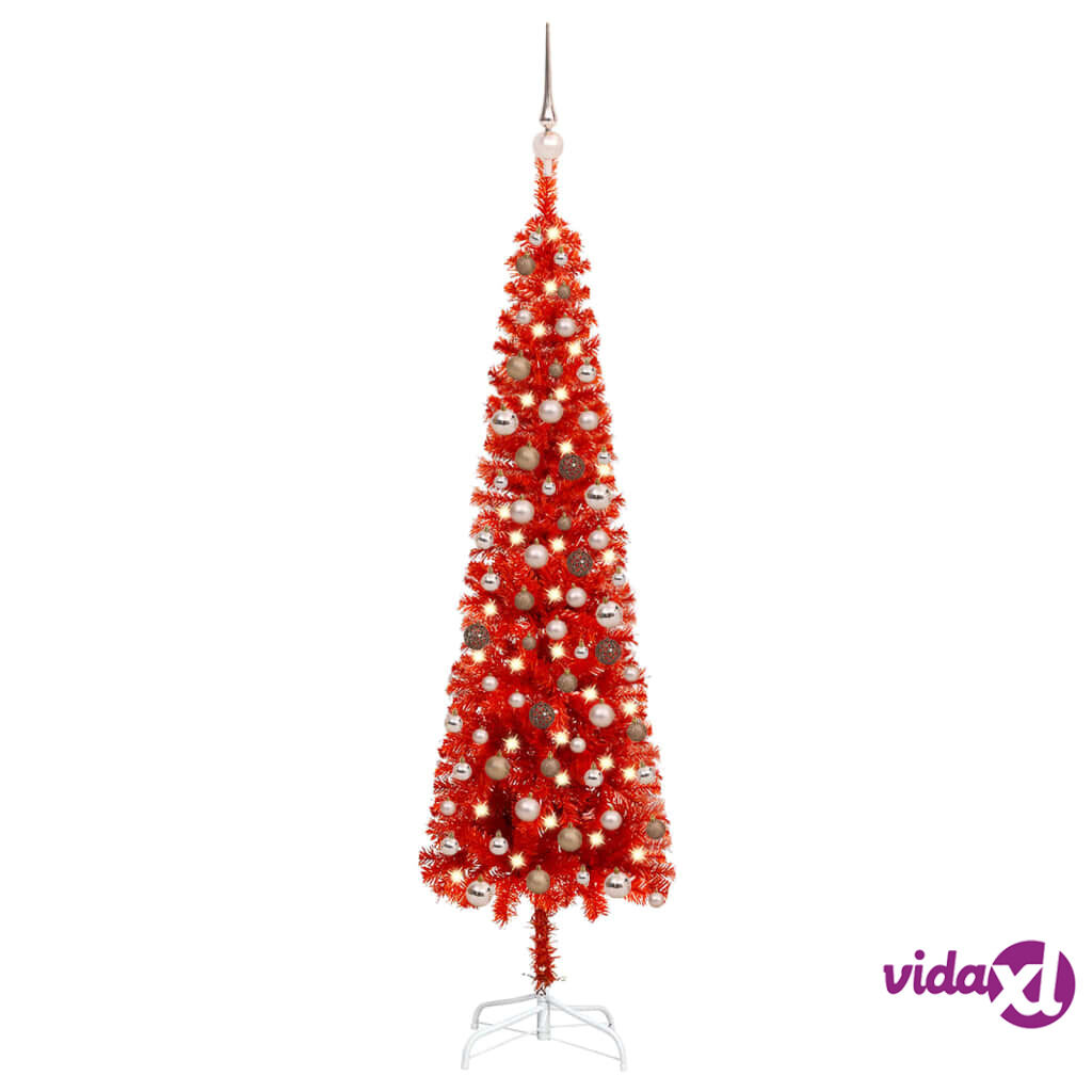 vidaXL Slim Christmas Tree with LEDs&Ball Set Red 180 cm