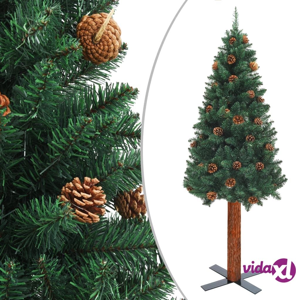 vidaXL Slim Christmas Tree with Real Wood and Cones Green 150 cm PVC