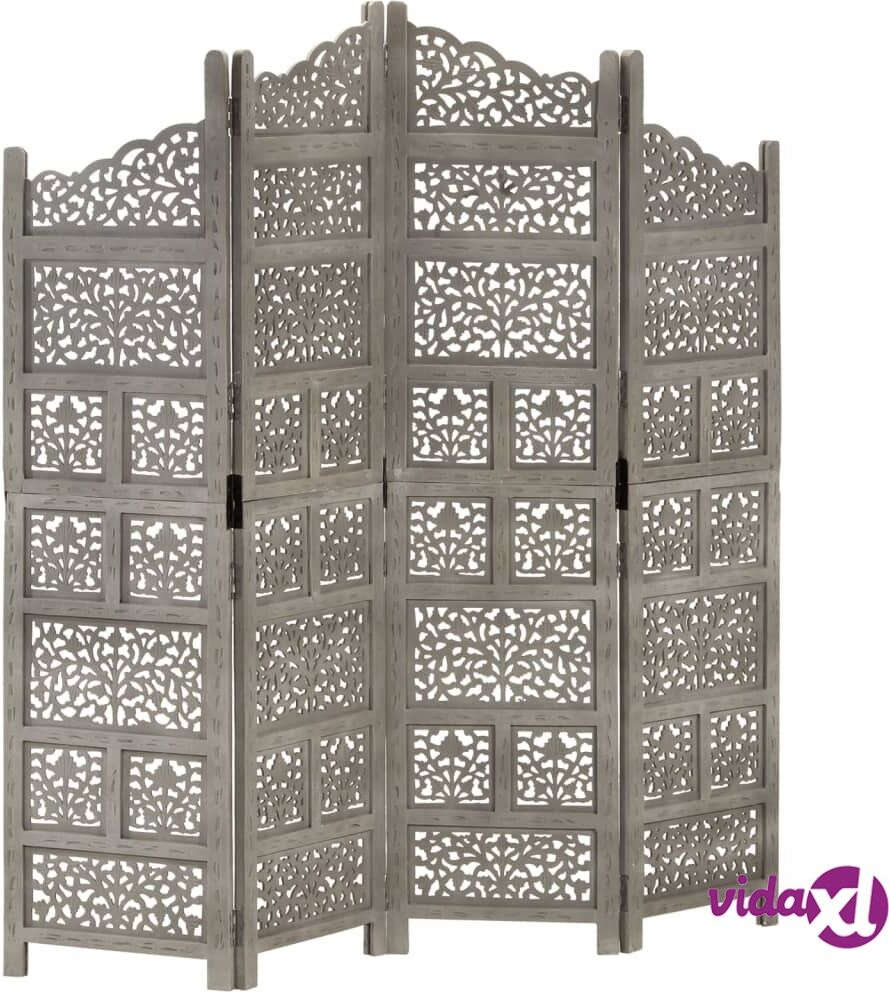 vidaXL Hand carved 4-Panel Room Divider Grey 160x165 cm Solid Mango Wood