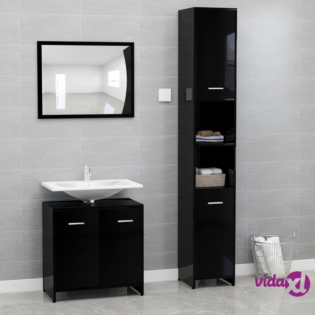 vidaXL 3 Piece Bathroom Furniture Set High Gloss Black Chipboard