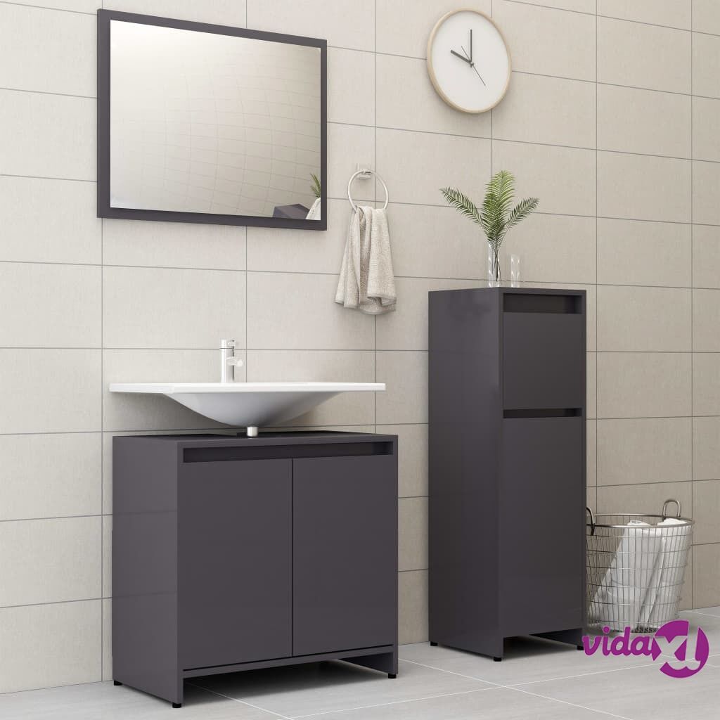 vidaXL 3 Piece Bathroom Furniture Set High Gloss Grey Chipboard