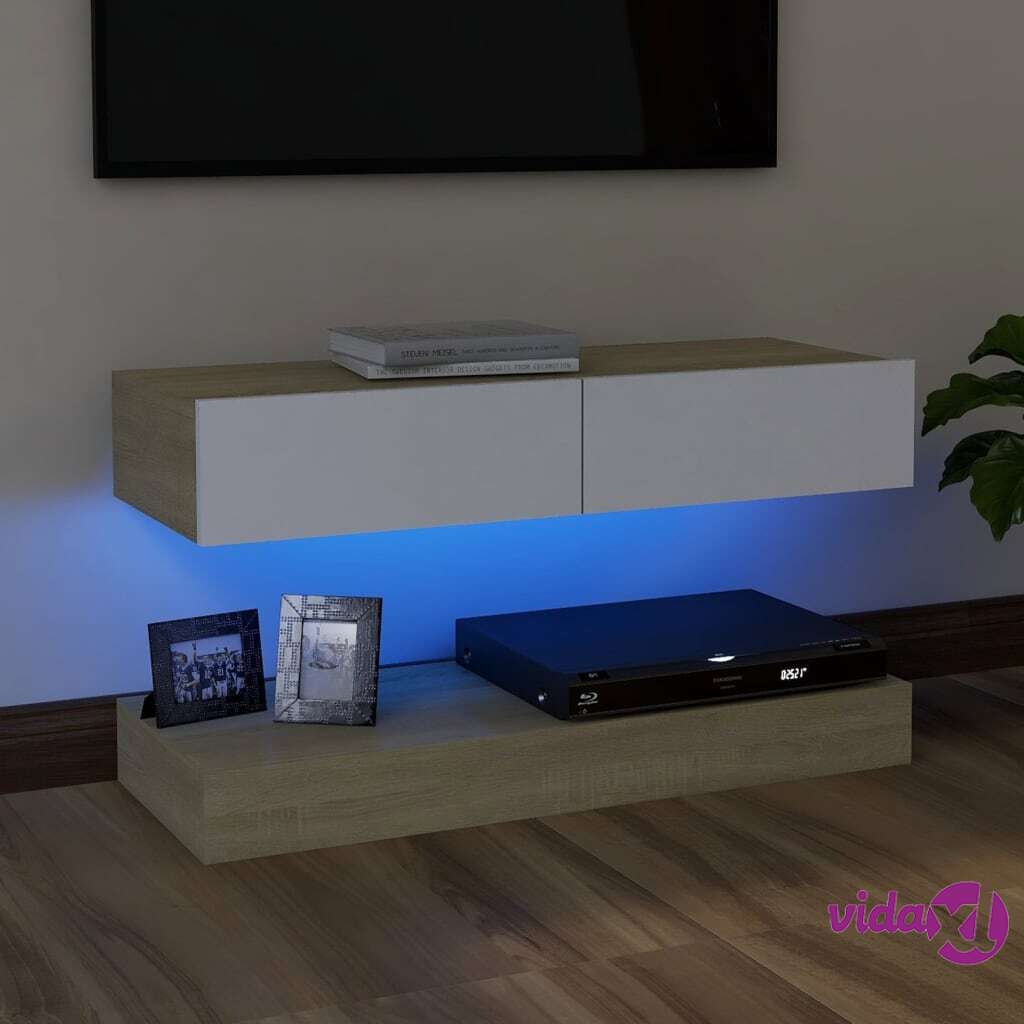 vidaXL TV Cabinet with LED Lights White and Sonoma Oak 90x35 cm