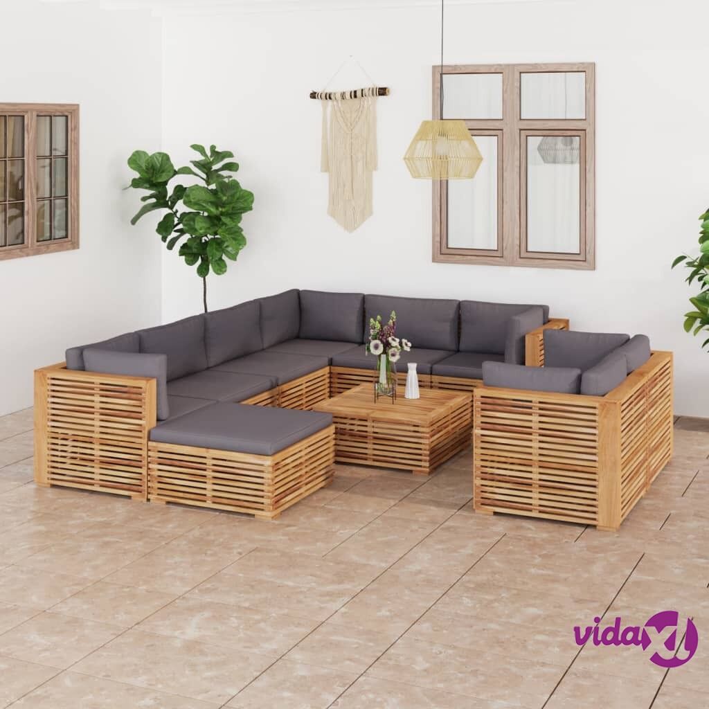 vidaXL 10 Piece Garden Lounge Set with Dark Grey Cushion Solid Teak Wood