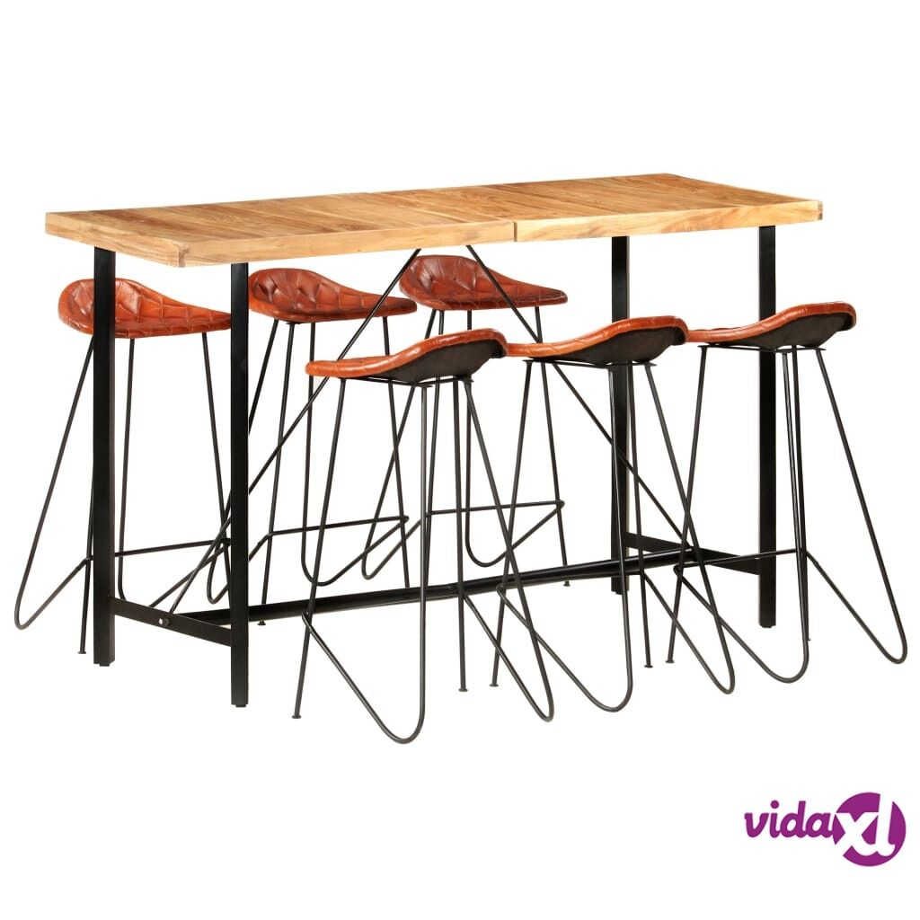 vidaXL 7 Piece Bar Set Solid Sheesham Wood and Real Leather