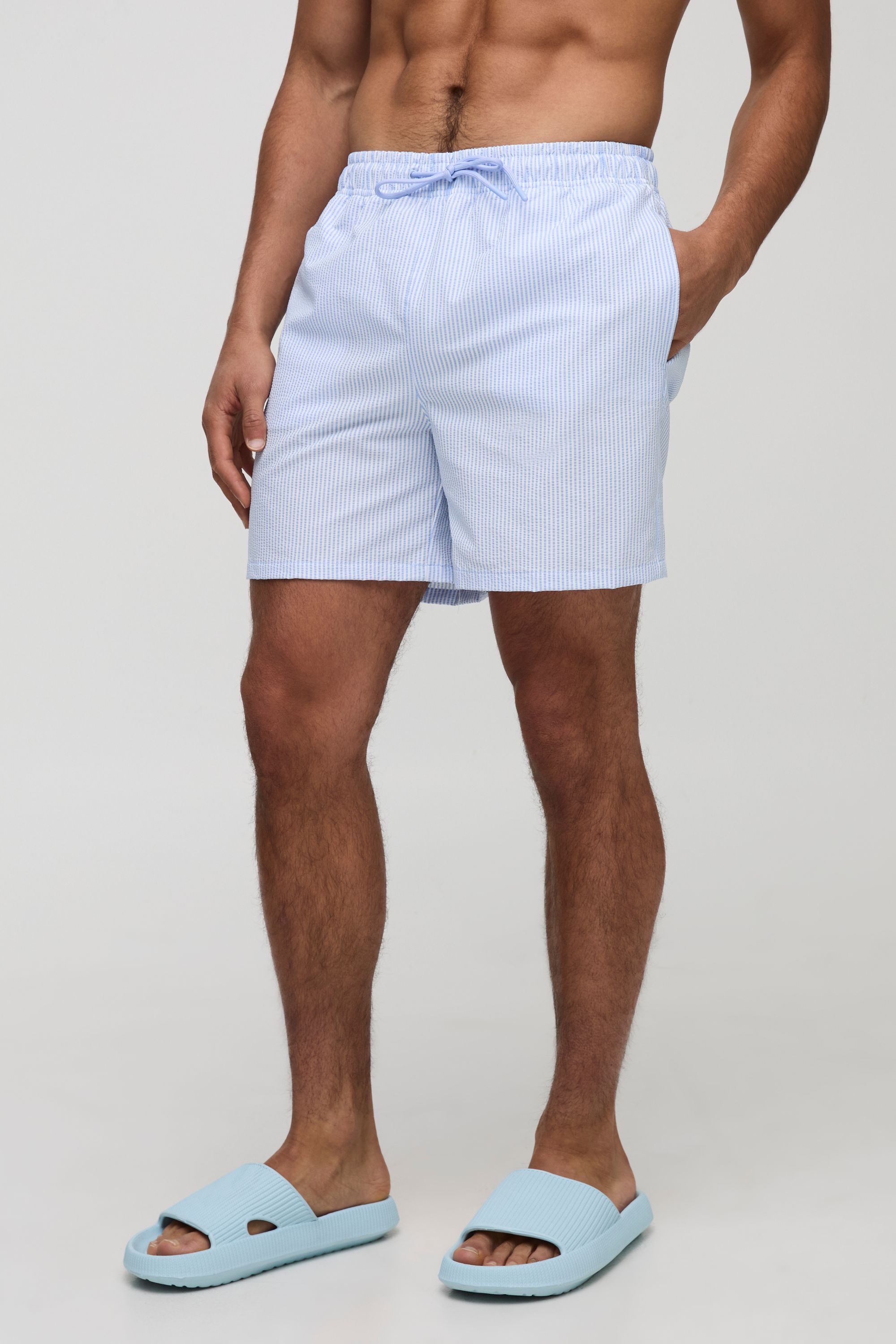 Boohooman Mens Blue Regular Fit Mid Length Seersucker Stripe Swims Blue M